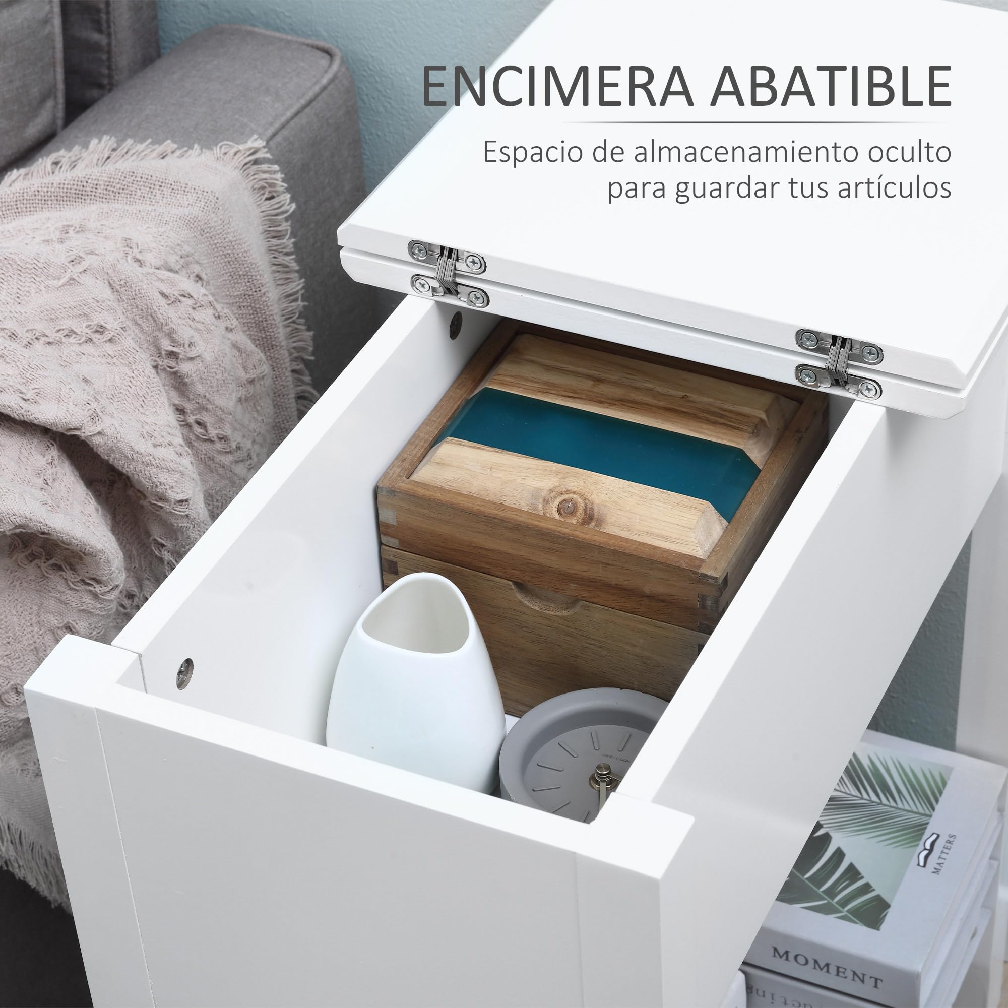 HOMCOM Mesa Auxiliar Mesita de Noche Tapa Abatible 60,5x32,5x70 cm Blanco | Estante de Almacenamiento, Orificio de Cable Oculto, para Salón Cama Dormitorio