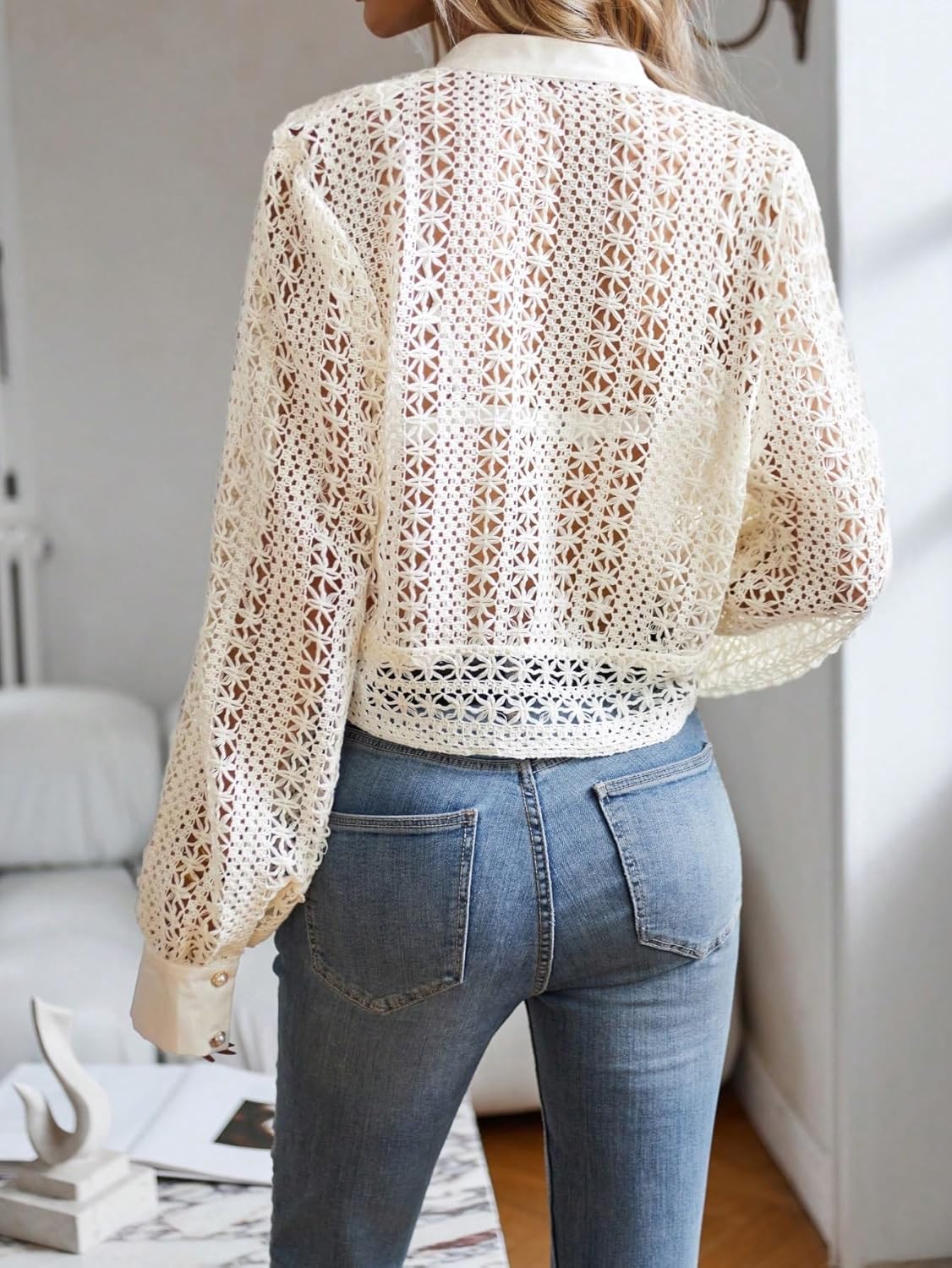 Women's Classic-Fit Shirt Hollow Out Button Front Crop Blouse