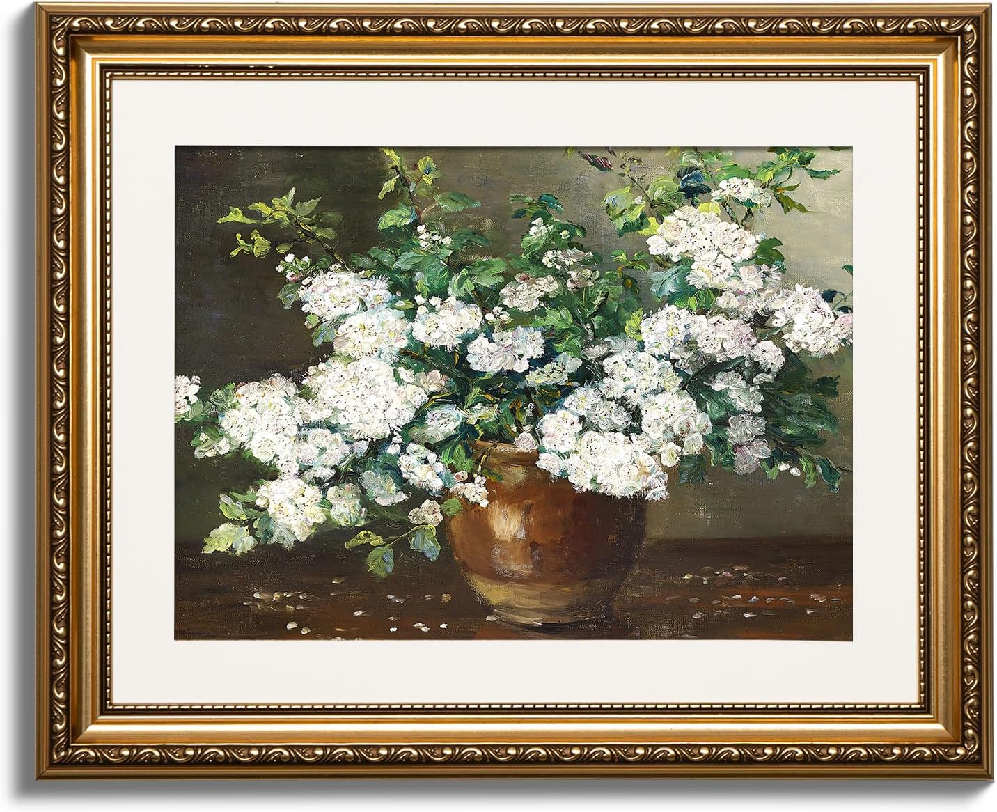 ARPEOTCY Vintage Gold Framed Wall Art, Nature Floral Flowers Retro Paintings, Canvas Prints Artwork with Antique Frame, Victorian Wall Pictures Decor for Living Room Gallery Room, 13x16 inch White Hawthorn 16L" x 13W"