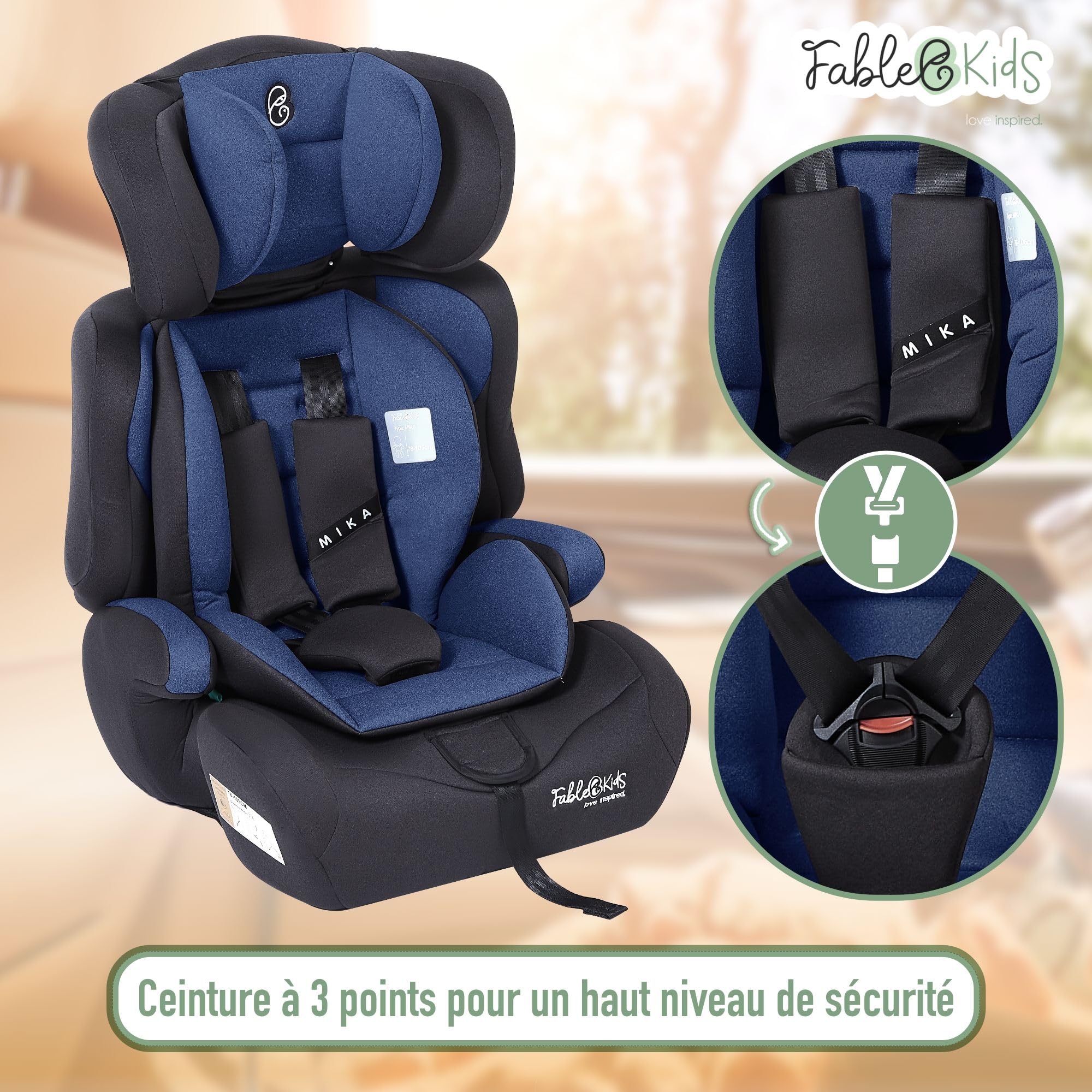 FableKids Siège auto pour enfants | Ceinture de sécurité à 3 points | à partir de 15 m. | 76-150 cm | ECE R129/03 | Réglable 44,5x41x68-75cm | Bleu