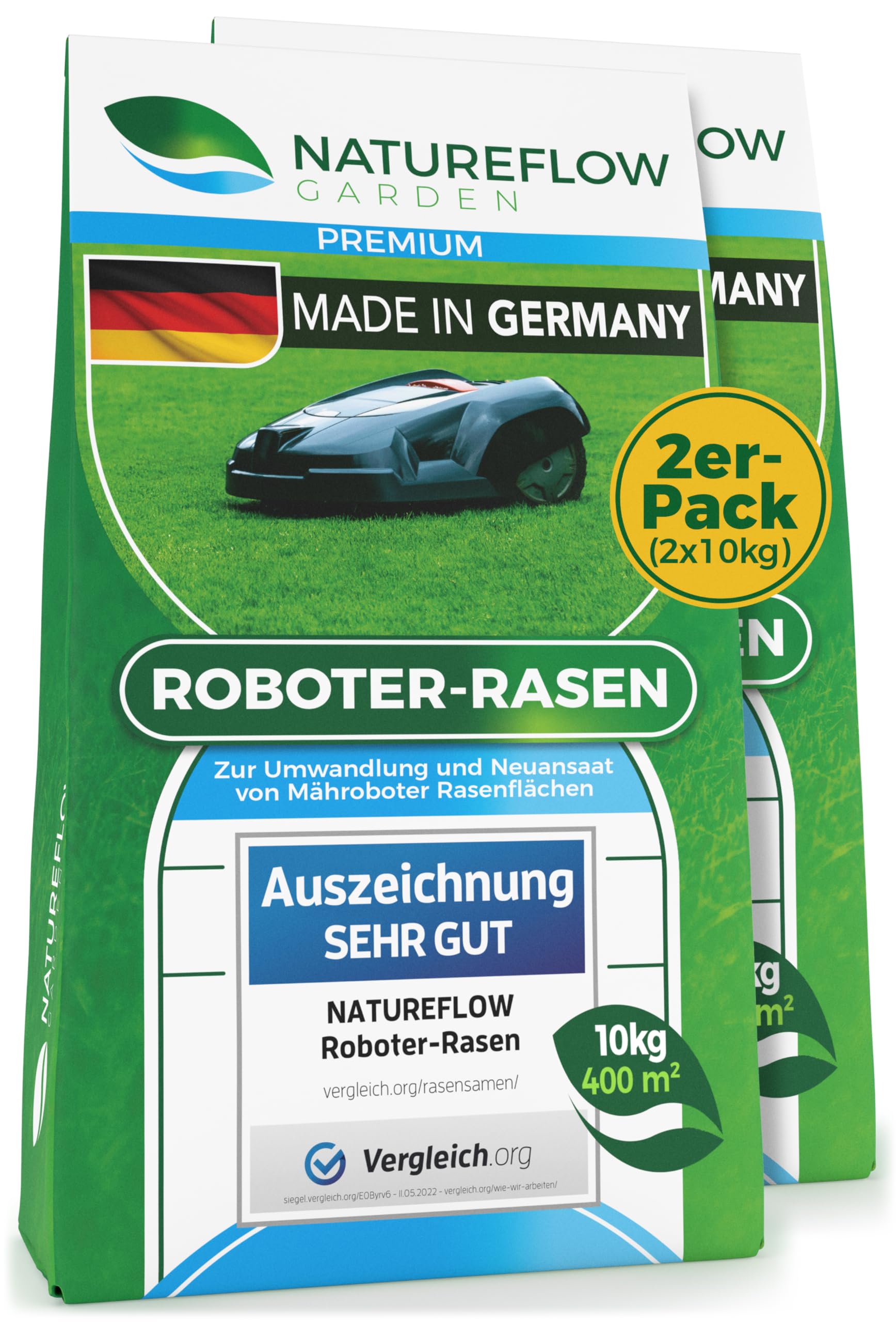 Nasiona trawy premium do robota koszącego, 2 x 10 kg, test, bardzo dobra, wyprodukowano w Niemczech, szybko kiełkujące i witalne, samonawożące, do łatwego w pielęgnacji ogrodu