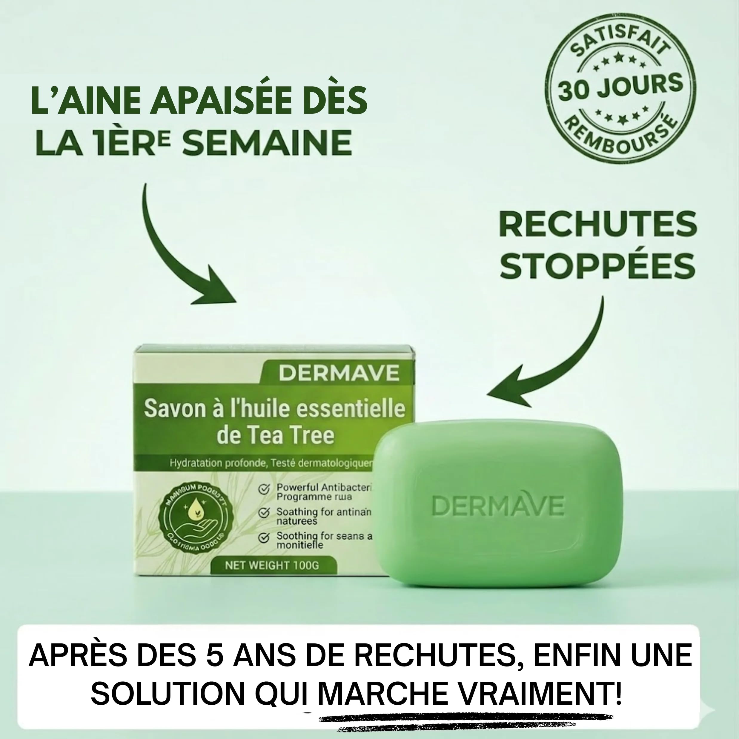 Savon antifongique Dermave Savon solide purifiant huile d'arbre à thé – visage et corps pour peaux à problèmes, nettoie en profondeur, régule le sébum, parfum frais