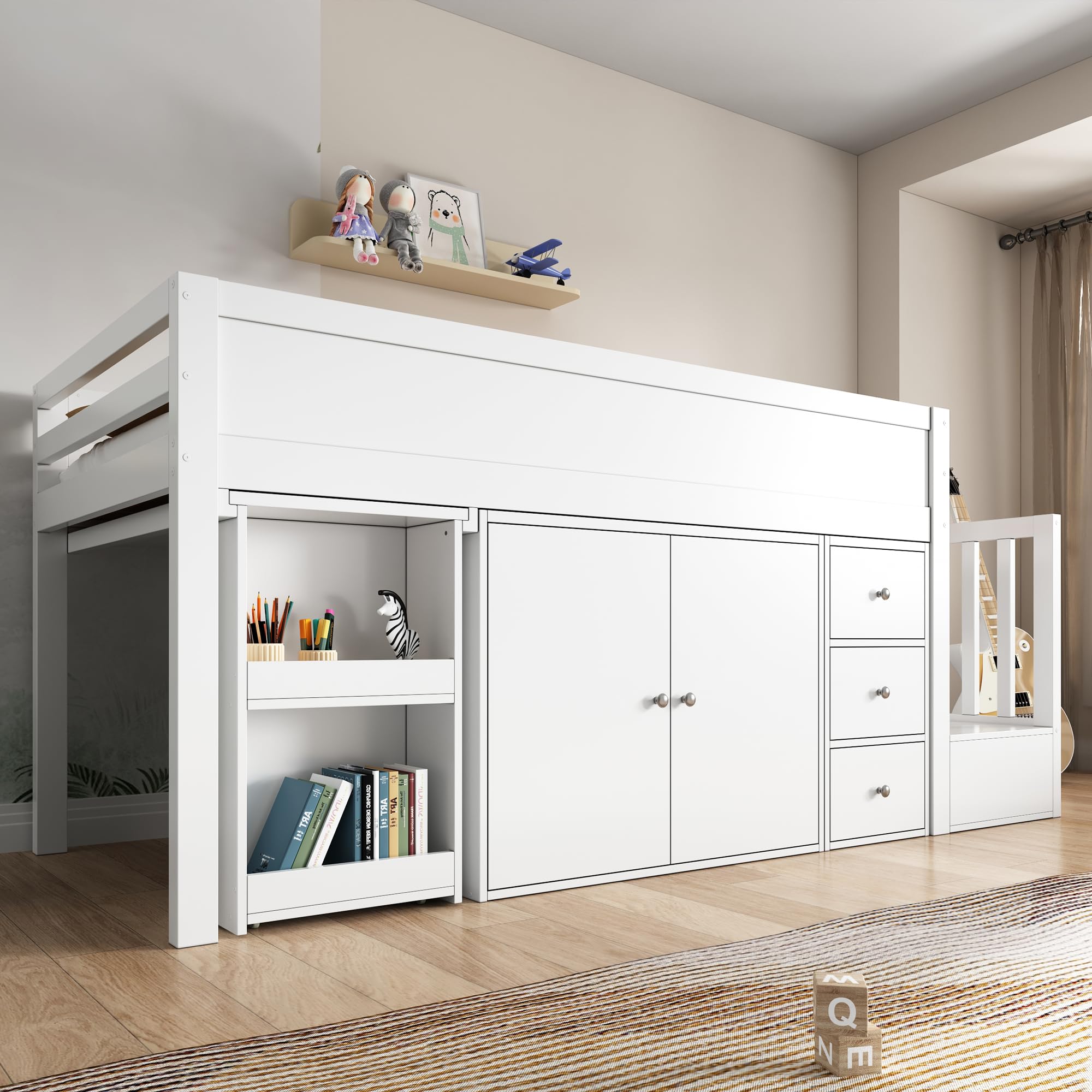 Soweiz Cuna, cama alta para niños con escritorio extensible y compartimento lateral de almacenamiento, con armario, con cajón, con escalera y armario para escaleras, sin colchón, color blanco 90 x 200