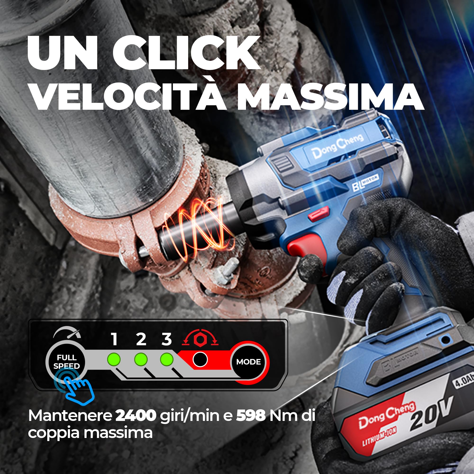 DongCheng Chiave ad Impulsi Senza Fili 20V 4.0Ah Li-ion 800 Nm Chiave a Impulsi Elettrica 2400 giri/min 4 Velocità con Dadi 17-24mm e Luce LED per Cambio Gomme Auto Meccanica Cantiere