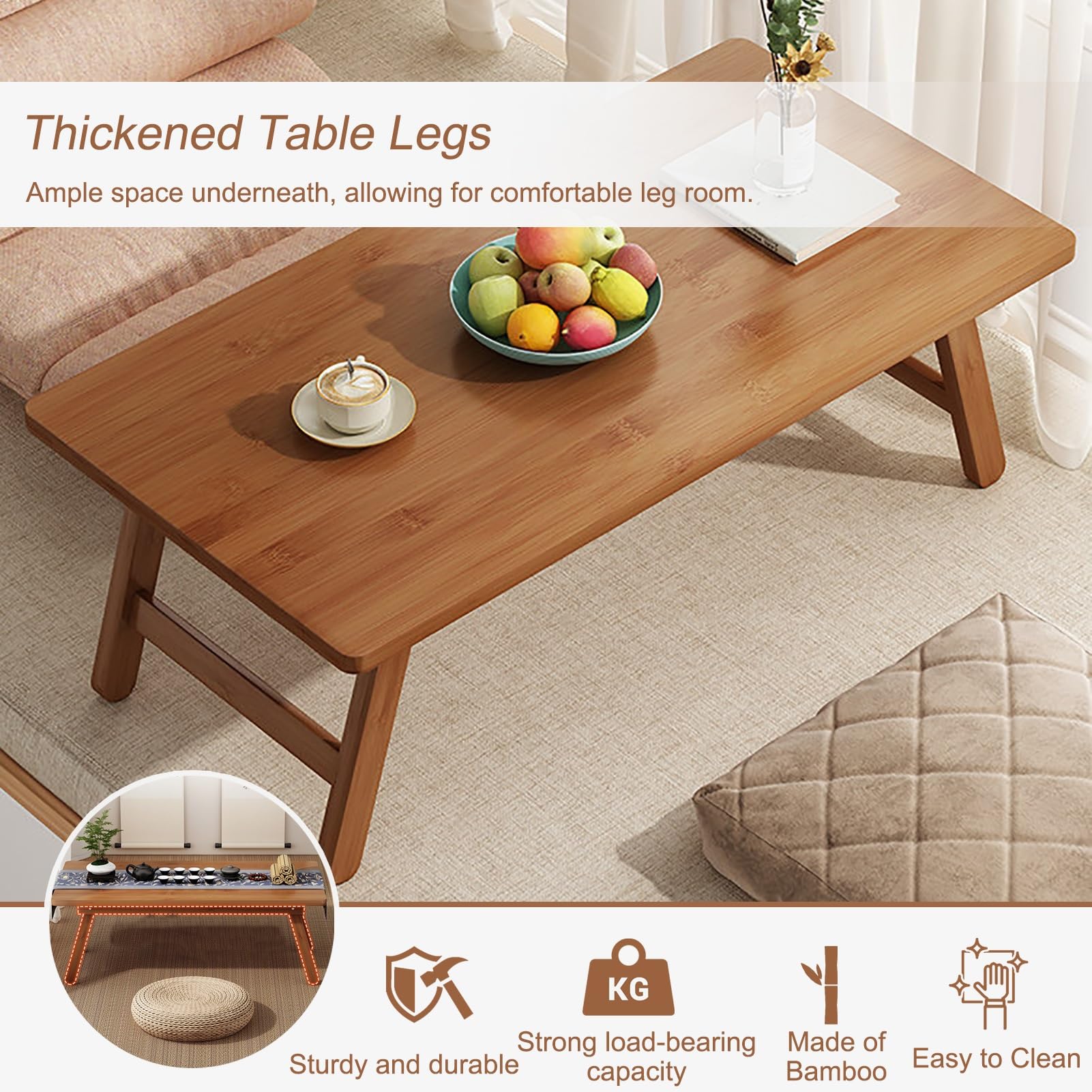 Tavolino basso giapponese pieghevole, tavolino da caffè da pavimento, ideale per tatami, camera da letto, bovindo, sala da tè, non richiede montaggio (67 * 34,3 * 27 cm/26,3 * 13,5 * 10,6 pollici)