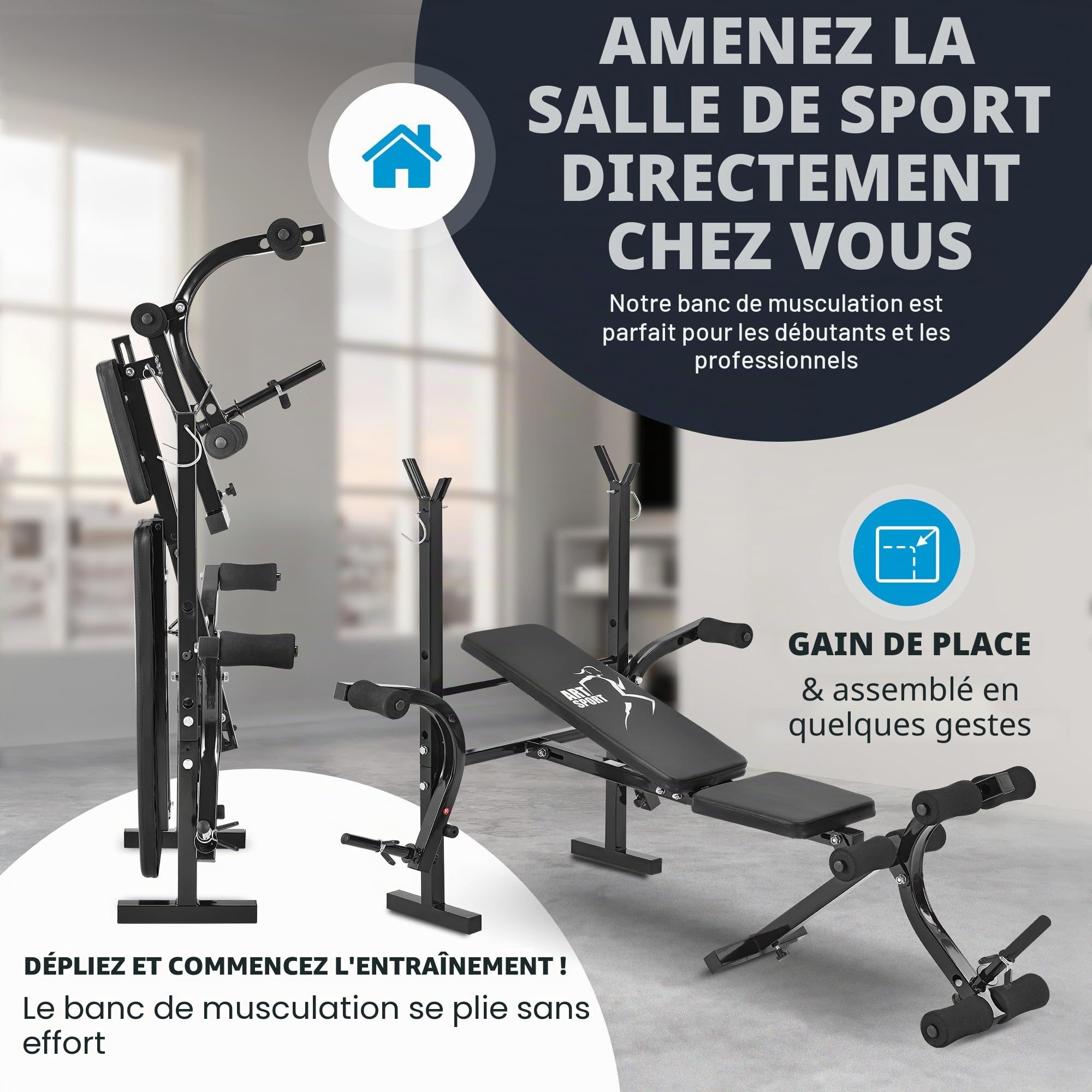 ArtSport banc de musculation multifonction ProfiGym1000 pliable et réglable en 4 positions - avec support pour haltères longs, barre curl pour les jambes et Butterfly — banc incliné banc plat