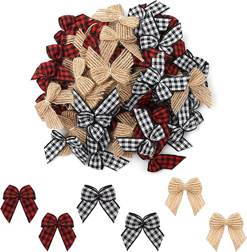 60 lazos de guinga para árbol de Navidad, mini lazos a cuadros para cinta de arpillera, manualidades, decoración de Navidad, accesorios para adornos