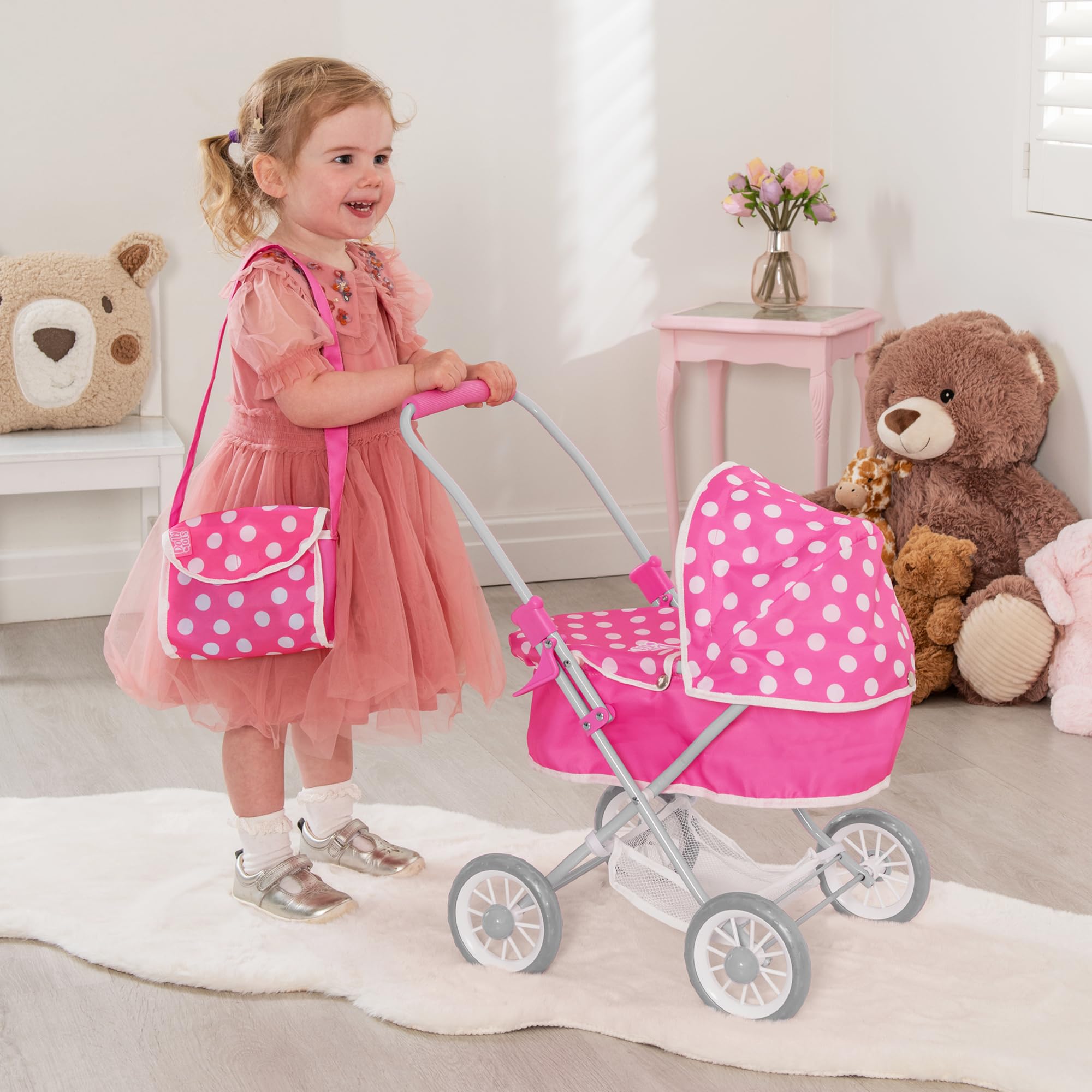 Carrozzina Dolly Tots Cutie | Passeggino per bambini con grembiule rimovibile e cappuccio regolabile | Sistema da viaggio pieghevole leggero con borsa abbinata | 3+