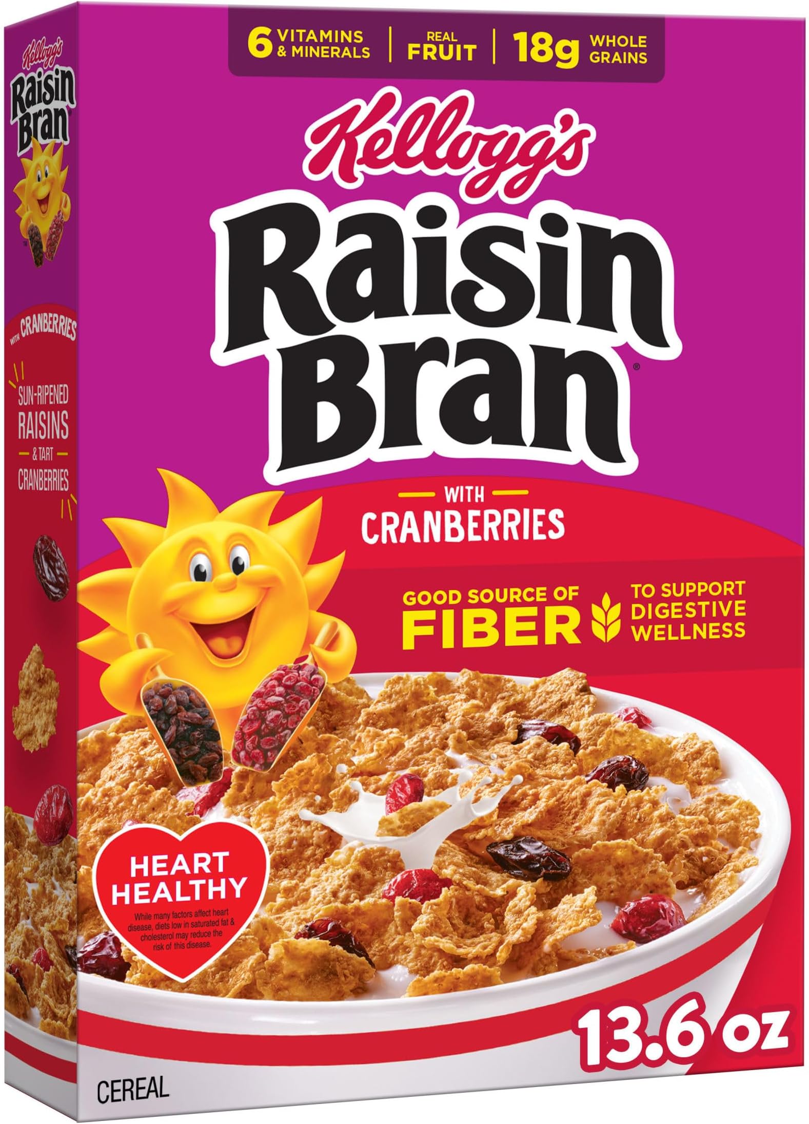 Raisin Bran with Cranberries Breakfast Cereal, Fiber Cereal, Family Breakfast, 13.6oz Box (1 Box)