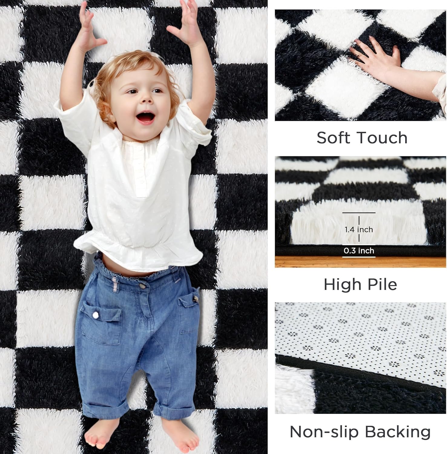 Andency 4x6 Ft Black and White Area Rug for Living Room Classic Checkered Shaggy Rug Non-Slip High Pile Soft Fluffy Rug Fuzzy Carpet Bedroom Kids Toddler Room Nursery Playroom, Cute Dorm Home Decor