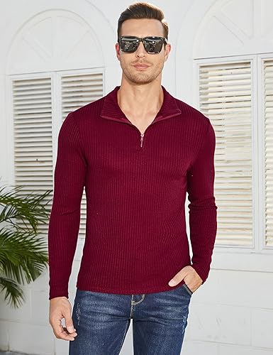 Miniatura 7 de TURETRENDY Camisetas de punto elásticas para hombre con cremallera de un cuarto manga larga estilo casual ajustadas básicas camisetas