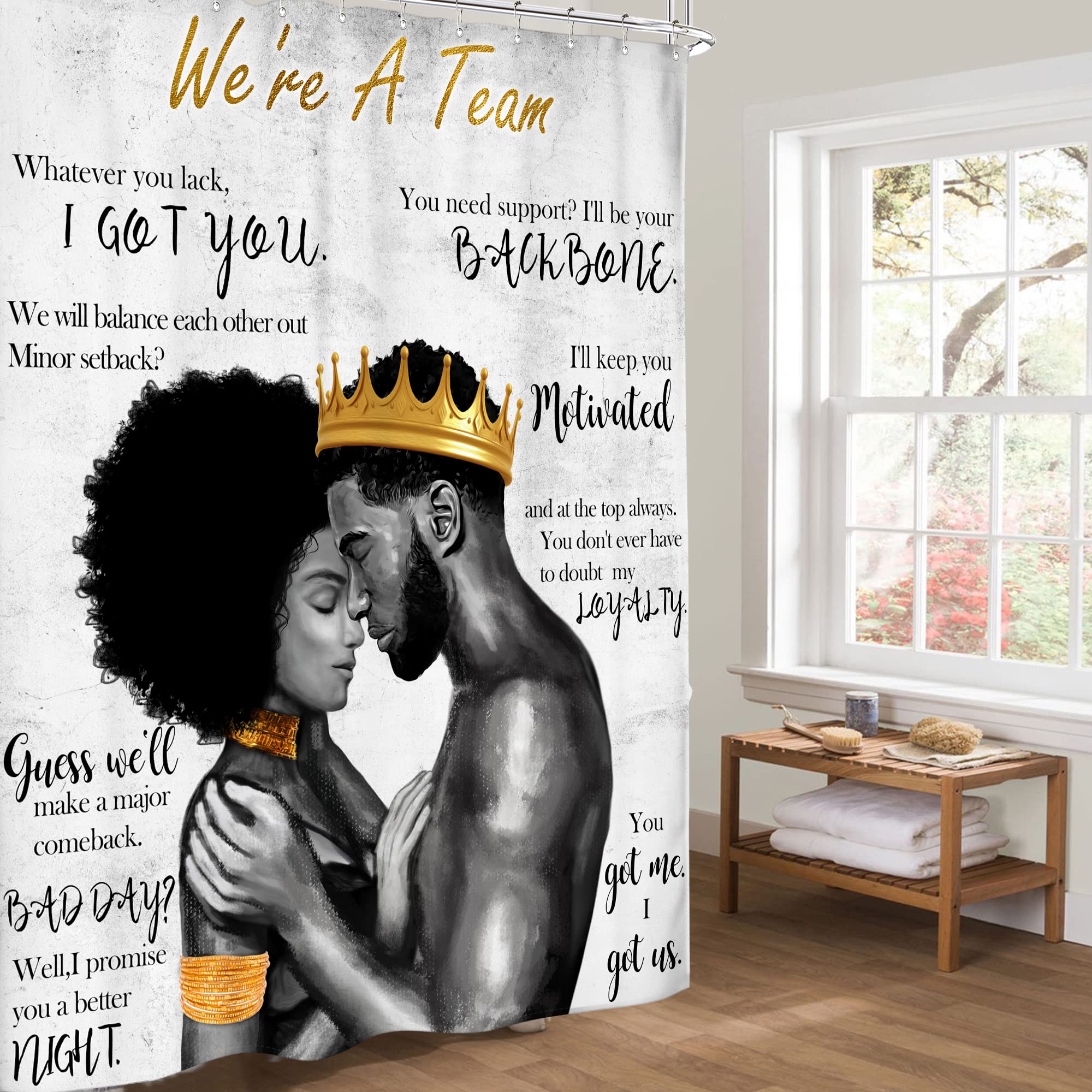 Riyidecor African American Shower Curtain Black King and Queen Afro Romantic Couple Man Woman 60Wx72H Inch Vintage Positive Inspirational Quote Fabric Decor Bathroom Polyester Waterproof Hooks - Image 4
