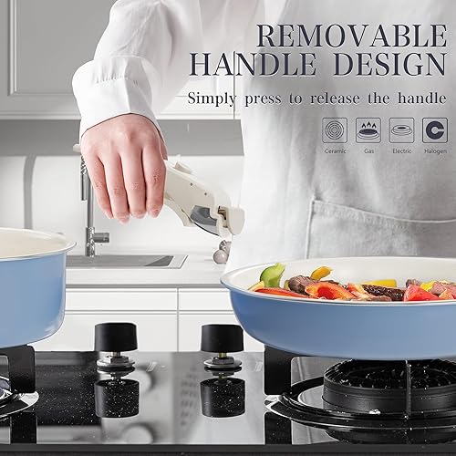 Miniatura 4 de Juego de ollas y sartenes antiadherentes  Juego de ollas y sartenes apilables para camping, mango desmontable, mango extraíble, sartenes