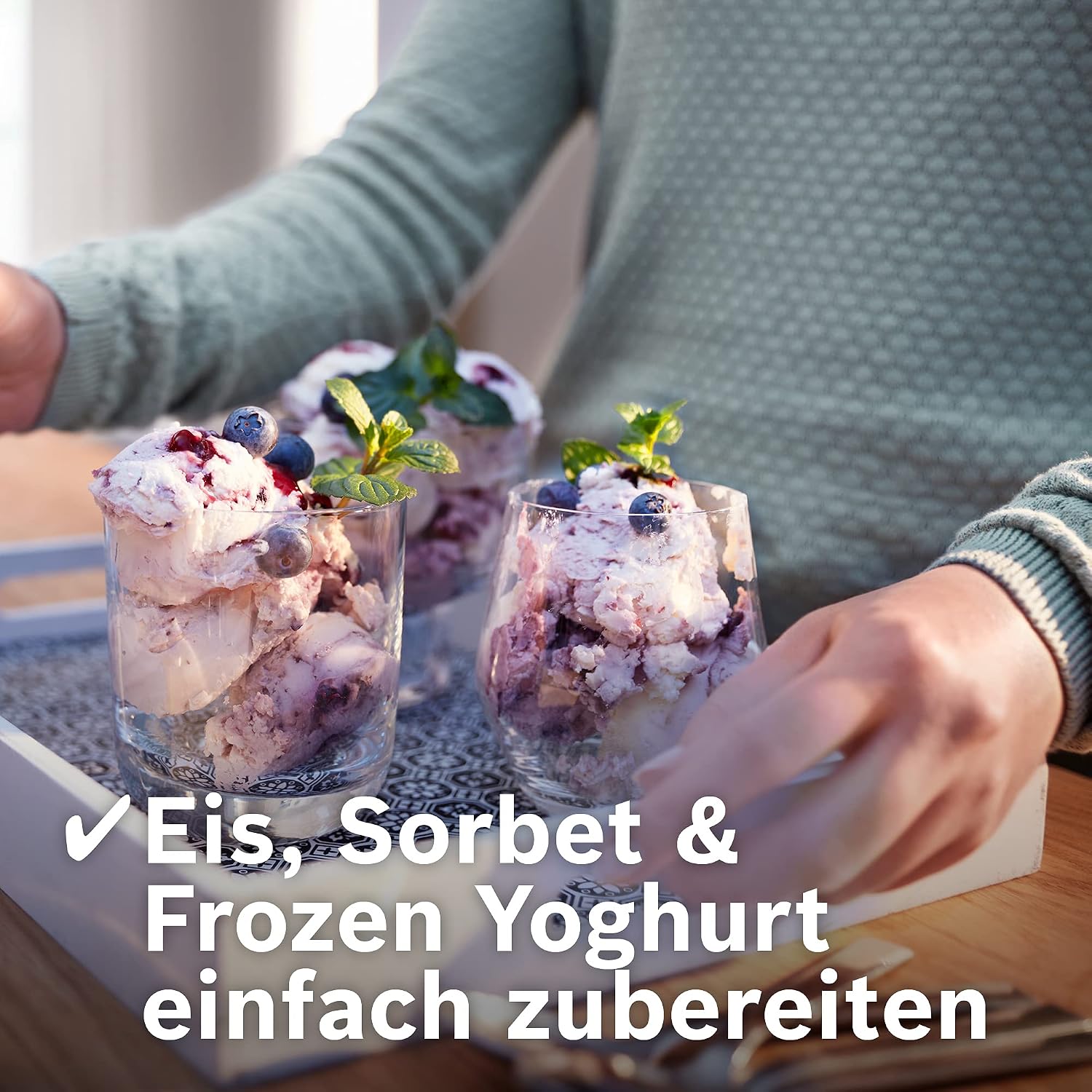 Homemade ice cream, sorbet, and frozen yogurt prepared with the Bosch MUZS2EB Ice Maker.