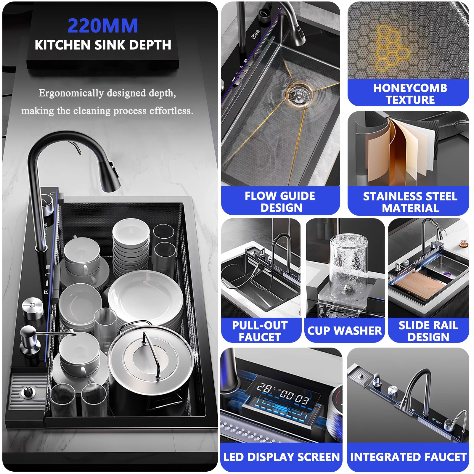 Fregadero de cocina en cascada de 68 x 45 cm, 1 cubeta de acero inoxidable negro antracita, fregadero de cocina con grifo integrado, pantalla de visualización digital, cesta de desagüe, cubeta de