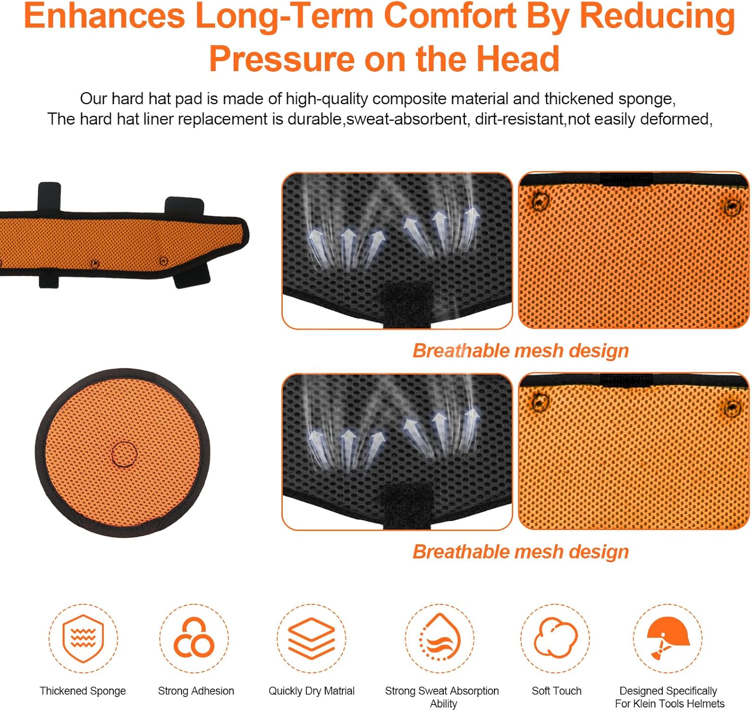 Hard Hat Top Pads and Sweatbands for Safety Helmet, Washable Reusable Hardhat Sweatband Cooling Liners Air Cushion Hard Hat Accessories, Suspension Sweat Band Replacement, Orange, 6 PCS