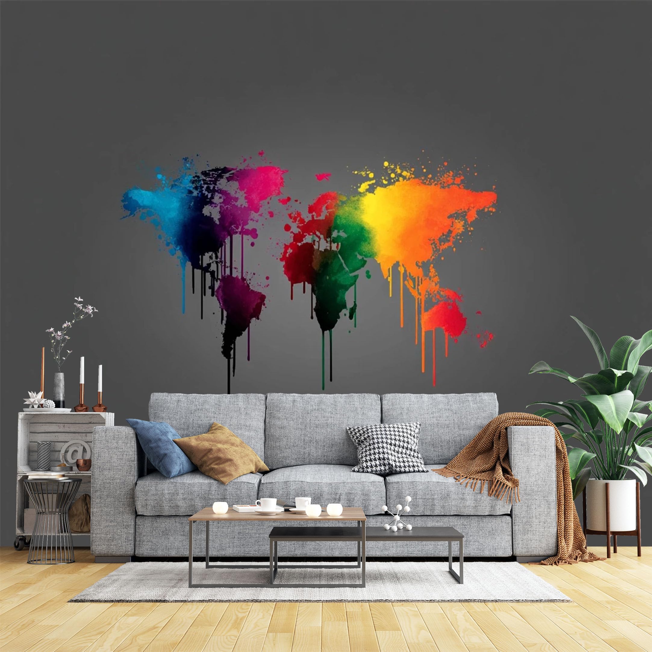 Custom Size Wall Murals Colorful Paint Splash World Map Wall Murals Artistic Geography Wallpaper, Wall Stickers Self-Adhesive Removable Wallpaper for Office