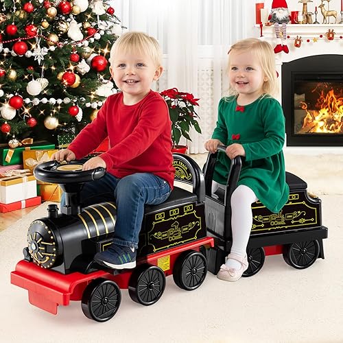 Vista 51 de OLAKIDS Tren de paseo para niños con pista, juguete eléctrico de 6 V con luces y sonidos, reposapiés retráctil, almacenamiento debajo del asiento