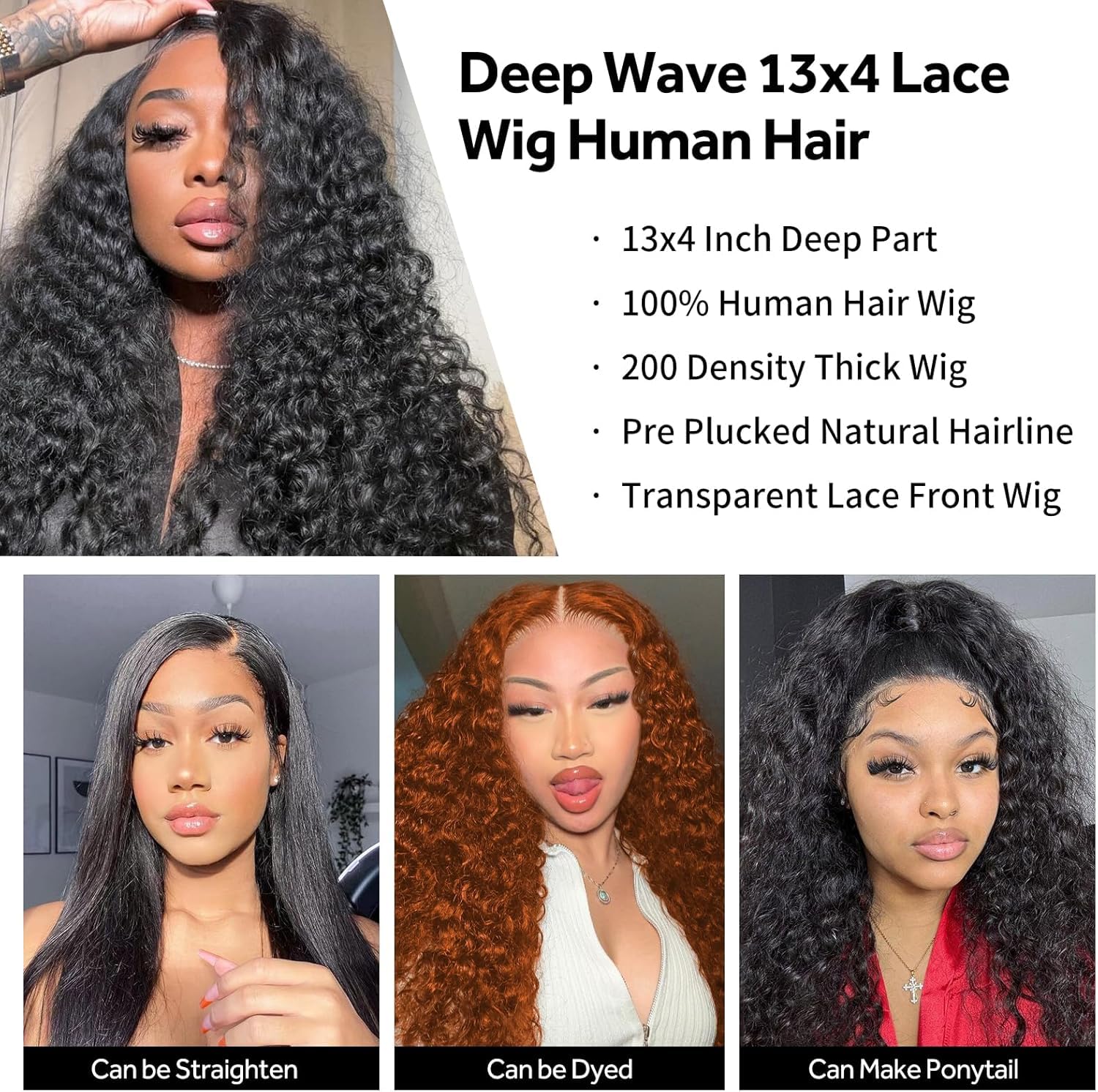 RXY Deep Wave Human Hair Wig 13x4 Lace Front Wigs Human Hair Natural Color 100% Real Hair Wigs for Women 180% Density Pre Plucked with Baby Hair Natural Hairline 16Inch - Image 2