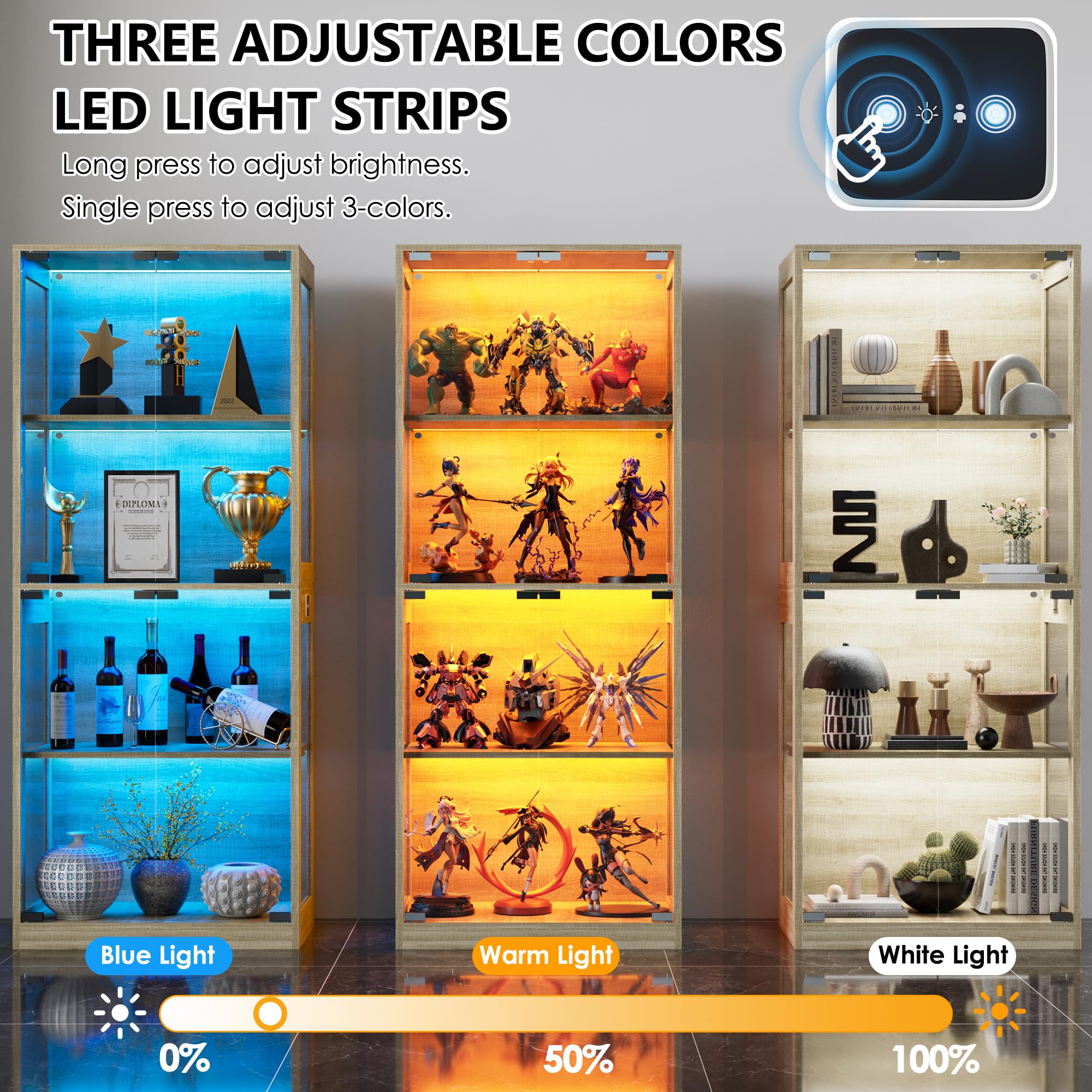 MSFE Vitrina de Cristal con LED,Vitrinas con Sensor Inteligente,4 Capas de Vitrina Expositora para Colecciones,Armario de Almacenamiento de Vidrio,Capacidad de Carga por Capa:15 kg,Color de la Madera