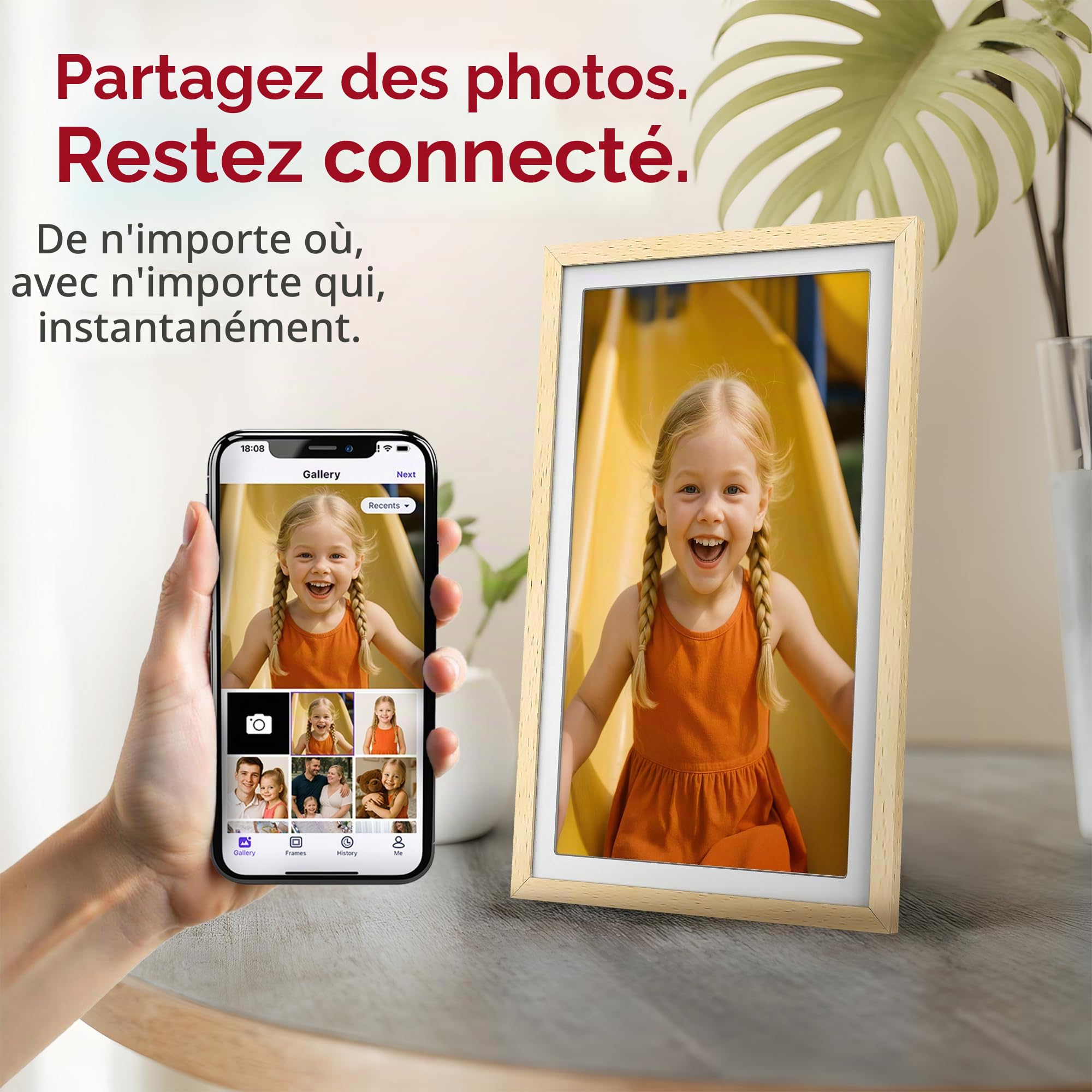 XORO Cadre Photo numérique WiFi de 15 ", 1920 x 1080 Full HD 1080p IPS, mémoire 32 Go, Rotation Automatique, Bois de hêtre, partagez instantanément des Photos de n'importe où