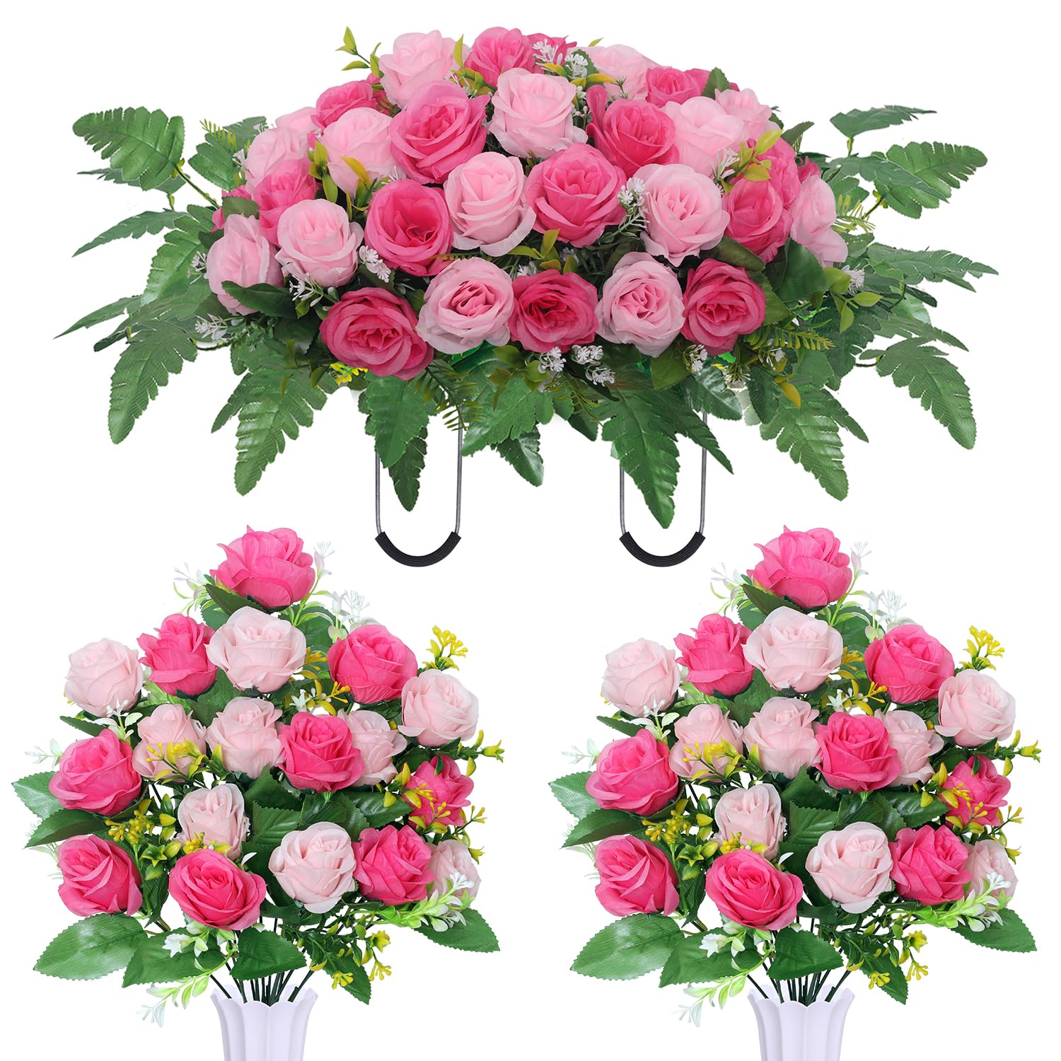 Hibsotco Artificial Cemetery Flower Saddles, Cemetery Memorial Flowers with Vase for Grave Tombstone Decorations,Artificial Rose Bouquet Grave