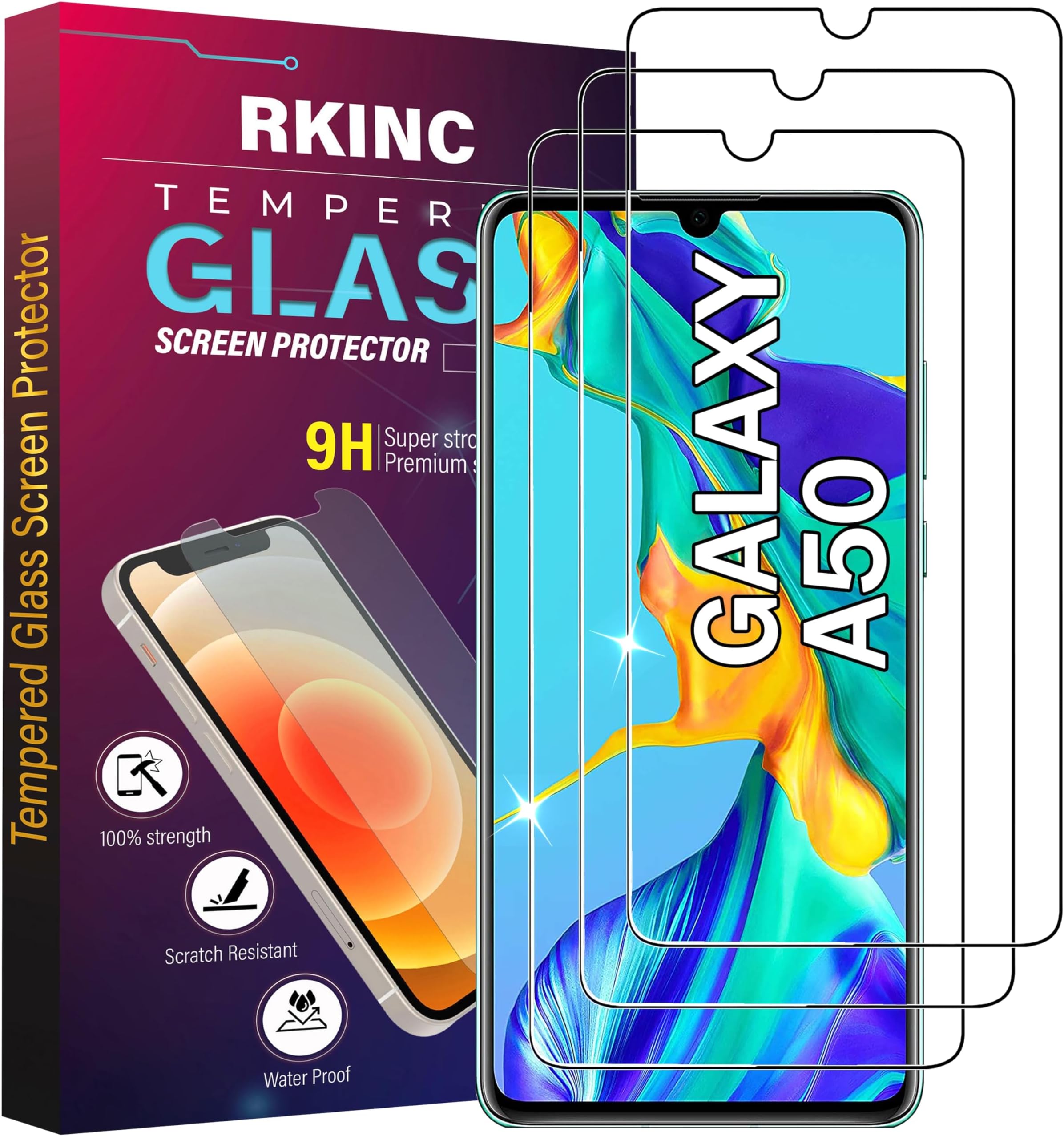 RKINC Pack of 3 Tempered Glass Screen Protector for Samsung Galaxy A50 (SM-A505F), A50s, HD Screen Protector, 0.33 mm Scratch-Resistant, Shatter-Free, Bubble-Free
