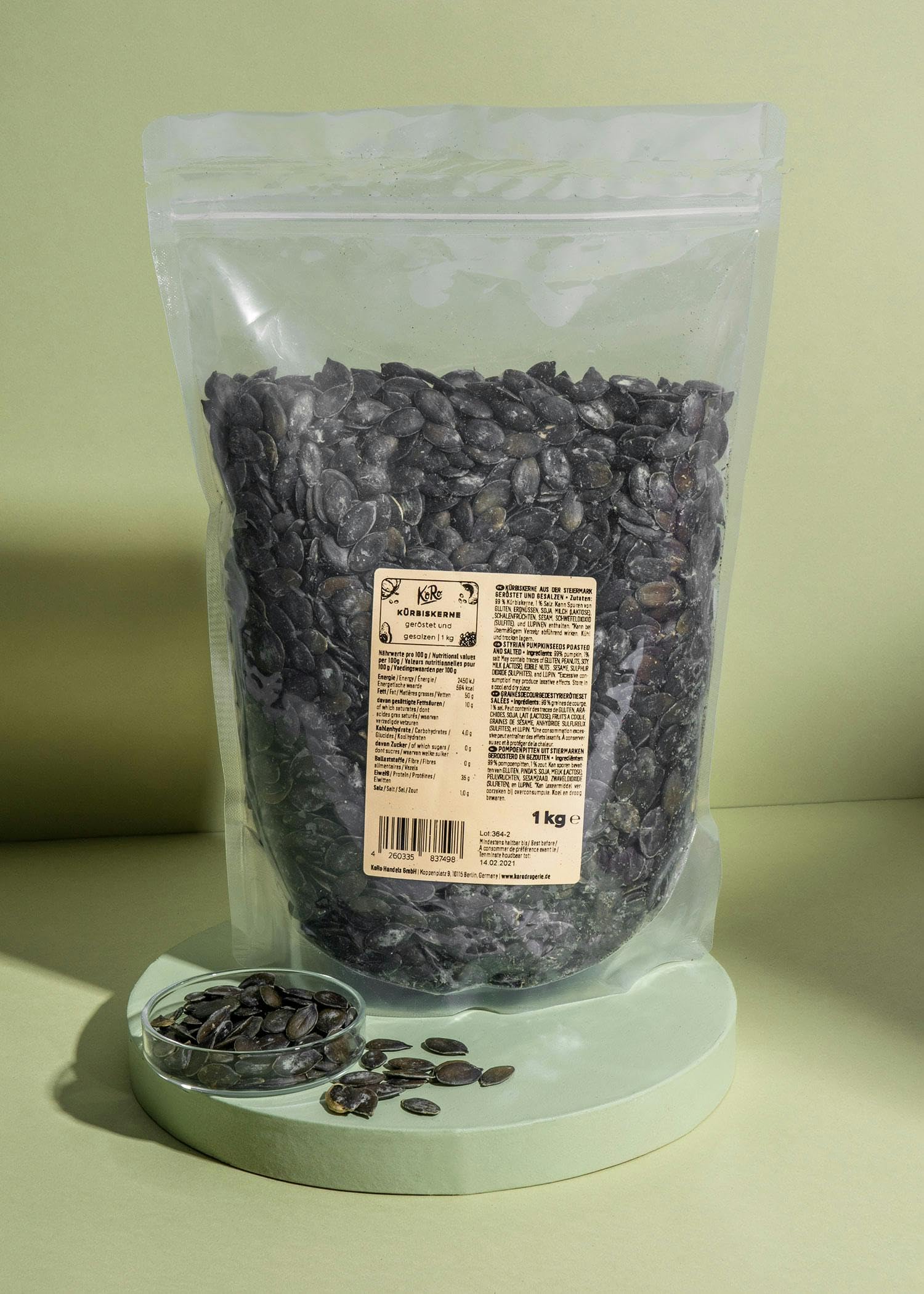 KoRo - Graines de courge de Styrie rôties et salées 1 kg - Graines de Styrie dans un paquet économique parfait comme snack ou sur la salade.