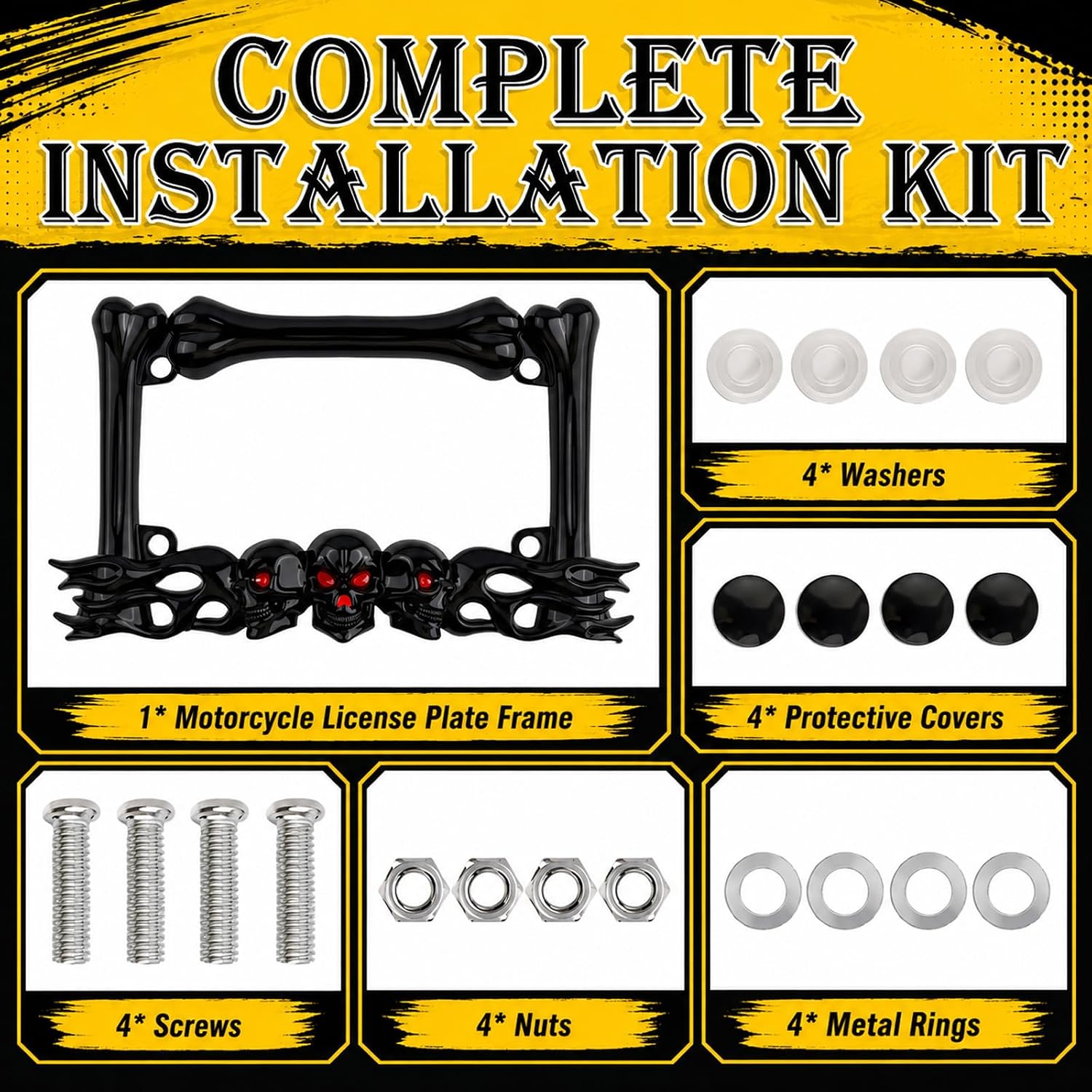 Motorcycle License Plate Frame with Skull Design,High-Strength Motorcycle License Plate Holder Kit with Includes Screws/Nuts/Caps/Shims,Water Resistant Motorcycles Plates Frame