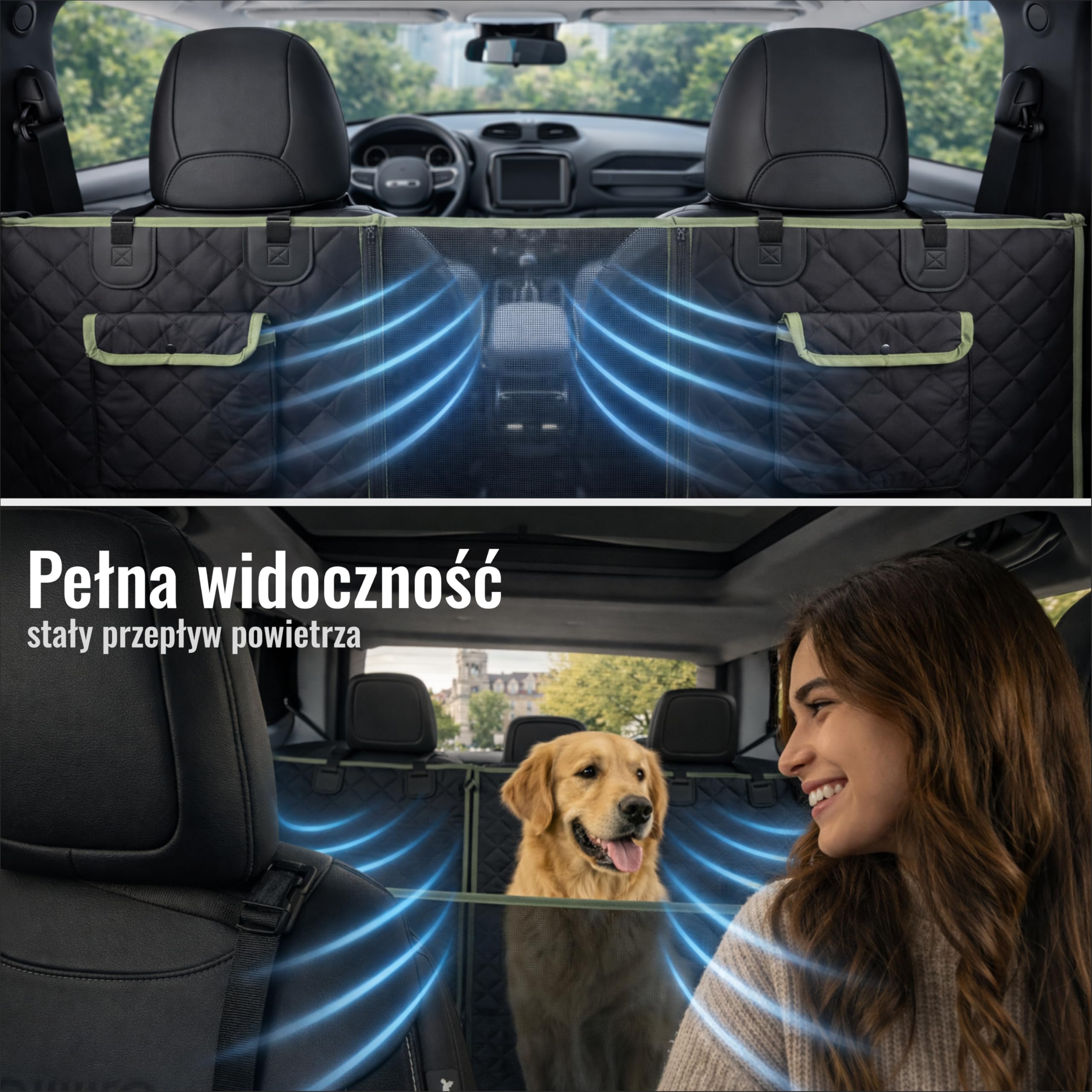 Mata dla Psa do Samochodu 6-w-1 – Pokrowiec na Siedzenia dla Psa z 9 Zamkami, Wodoodporny Oxford 600D, Okno z Siatki, Ochrona Drzwi i Boczna, Mata Samochodowa dla Psa, Czarny