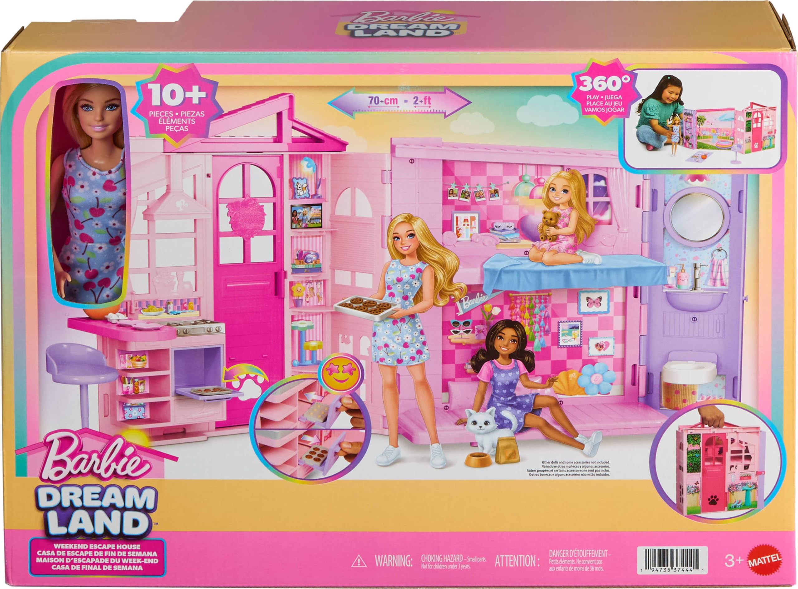 Barbie Domek na weekendowy wypad z lalką i akcesoriami | do „upieczenia” i figurka kotka, 4 obszary zabawy, łóżko piętrowe, zabawa z każdej strony, zabawka dla dzieci 3+, JMD28
