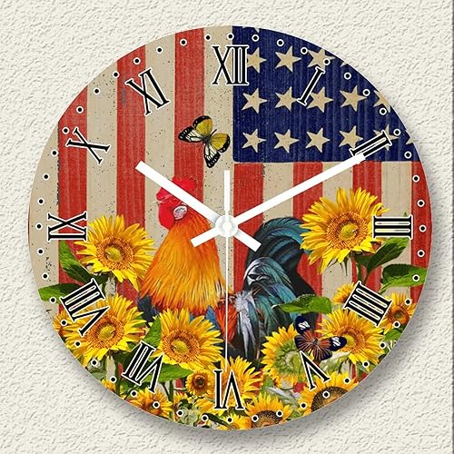 Reloj de pared de madera retro, bandera patriótica estadounidense con gallo, mariposa, girasol, día de la independencia, números romanos, reloj