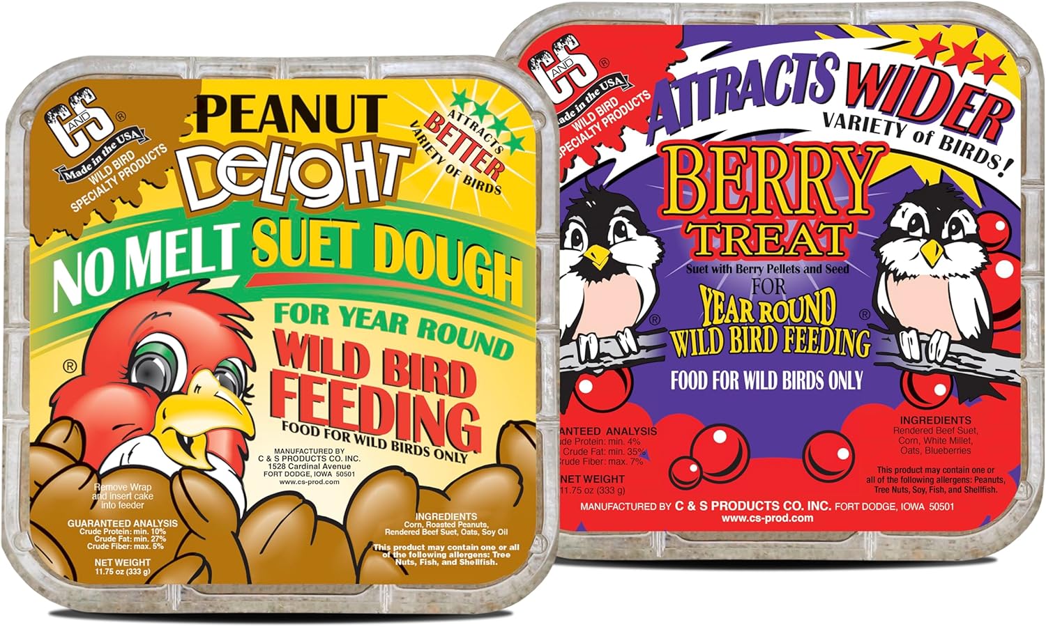 C&S Suet Variety Value Pack, Peanut Delight Dough & Berry Treat, Wild Bird Food, Year Round Source of Energy for Birds, 24 Pack
