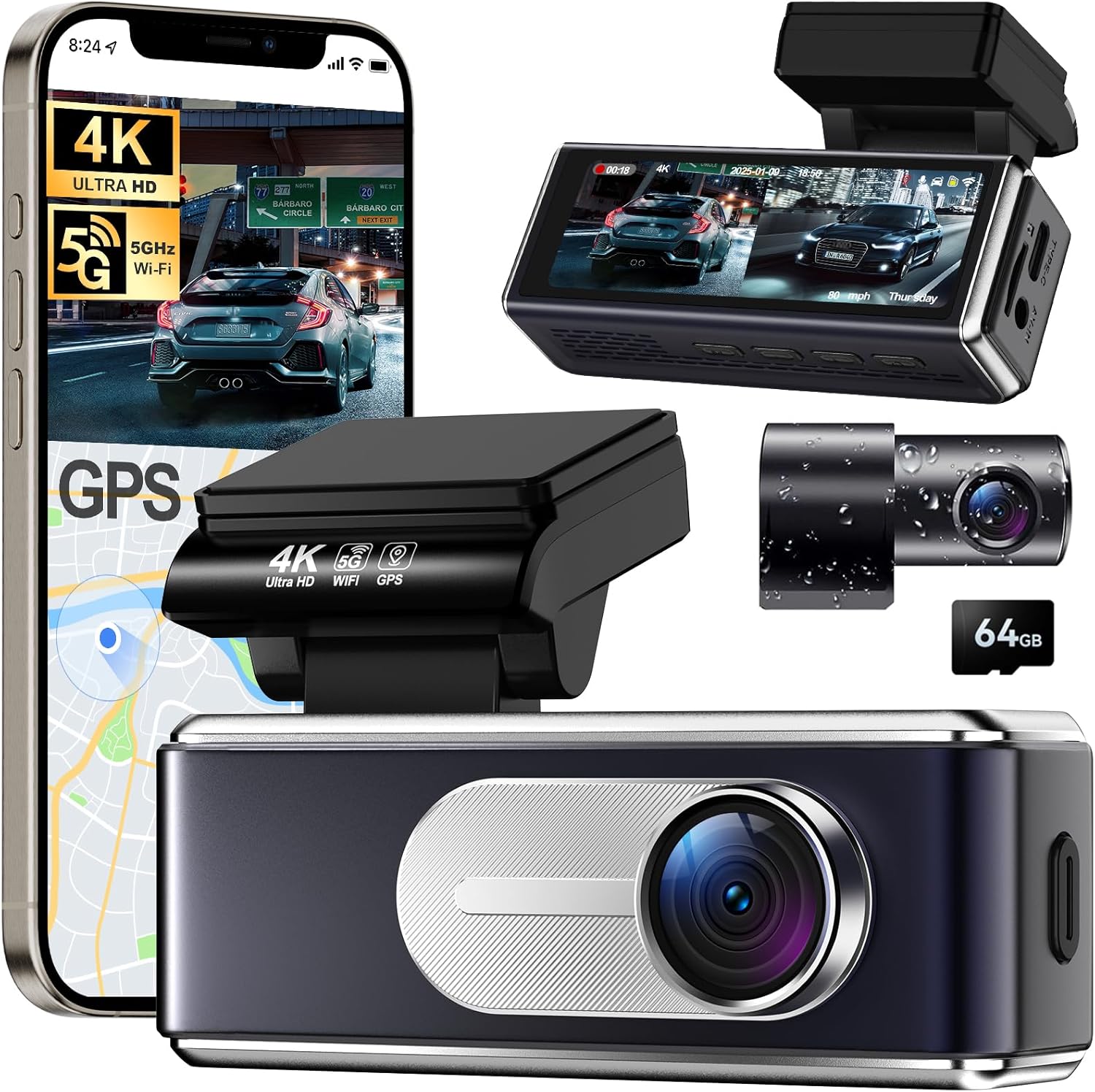 Dash Cam Front and Rear – 4K HD Dual Dash Camera for Cars, Built-in 5G WiFi GPS, 64GB Card, Dashcam with 3.2″ IPS Screen, UHD Night Vision, HDR, App Control, 24H Parking Monitor