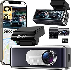 Dash Cam Front and Rear - 4K HD Dual Dash Camera for Cars, Built-in 5G WiFi GPS, 64GB Card, Dashcam with 3.2" IPS Screen, UHD Night Vision, HDR, App Control, 24H Parking Monitor