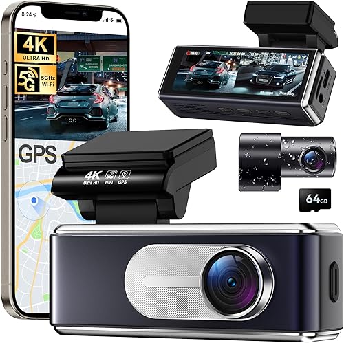 Dash Cam Front and Rear - 4K HD Dual Dash Camera for Cars, Built-in 5G WiFi GPS, 64GB Card, Dashcam with 3.2" IPS Screen, UHD Night Vision, HDR, App Control, 24H Parking Monitor