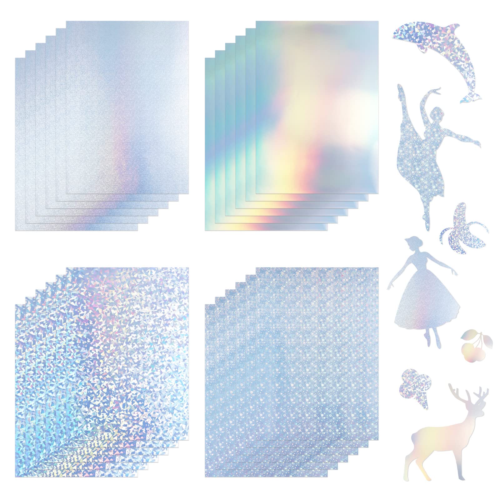 Photo 1 of 24 Sheets Holographic Sticker Paper Clear A4 Vinyl Sticker Paper Self-Adhesive Waterproof Transparent Film by YETOOME, 11.7 x 8.3 Inch (Stars, Diamond, Sesame Point, Plain Face) (2 pack)