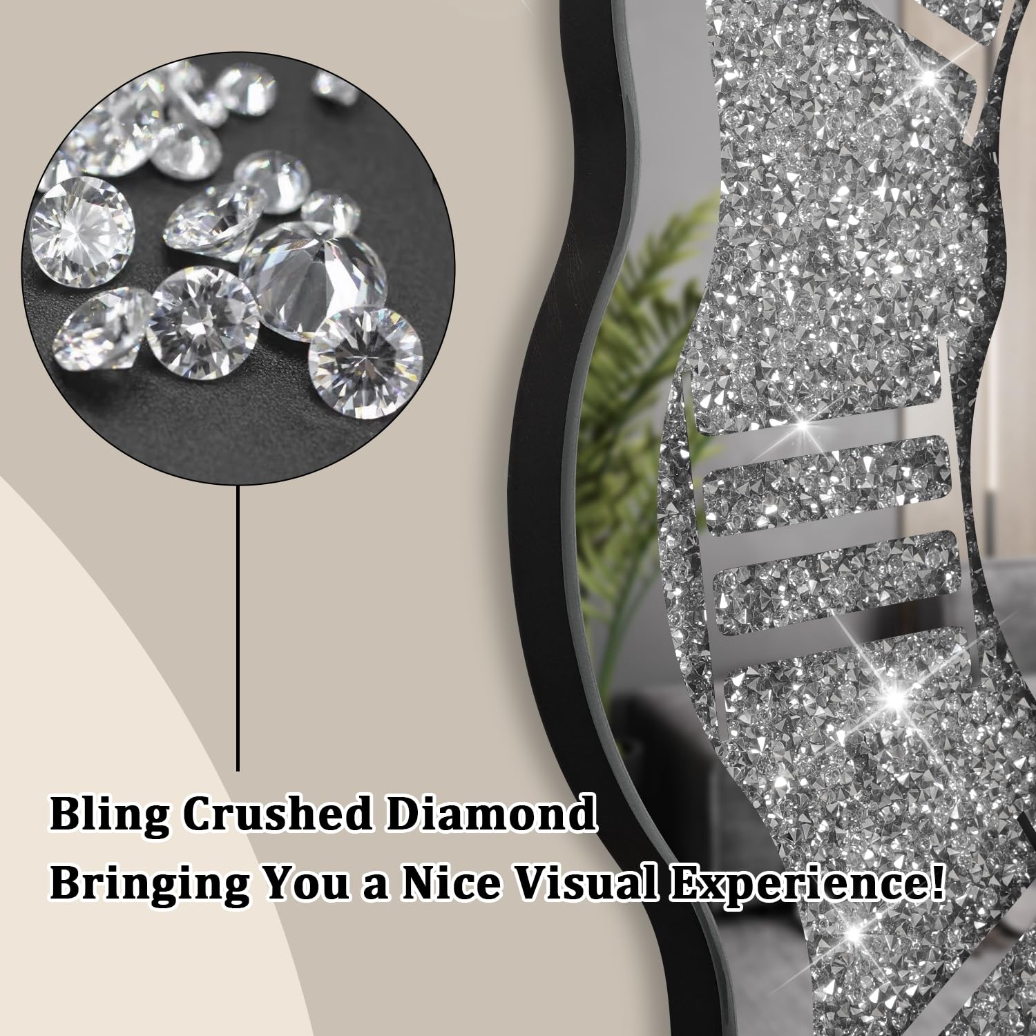 Reloj de pared con espejo de diamante triturado, reloj de cristal plateado moderno para dormitorio, decoración única para el hogar, espejo de cristal, para sala de estar, oficina, comedor