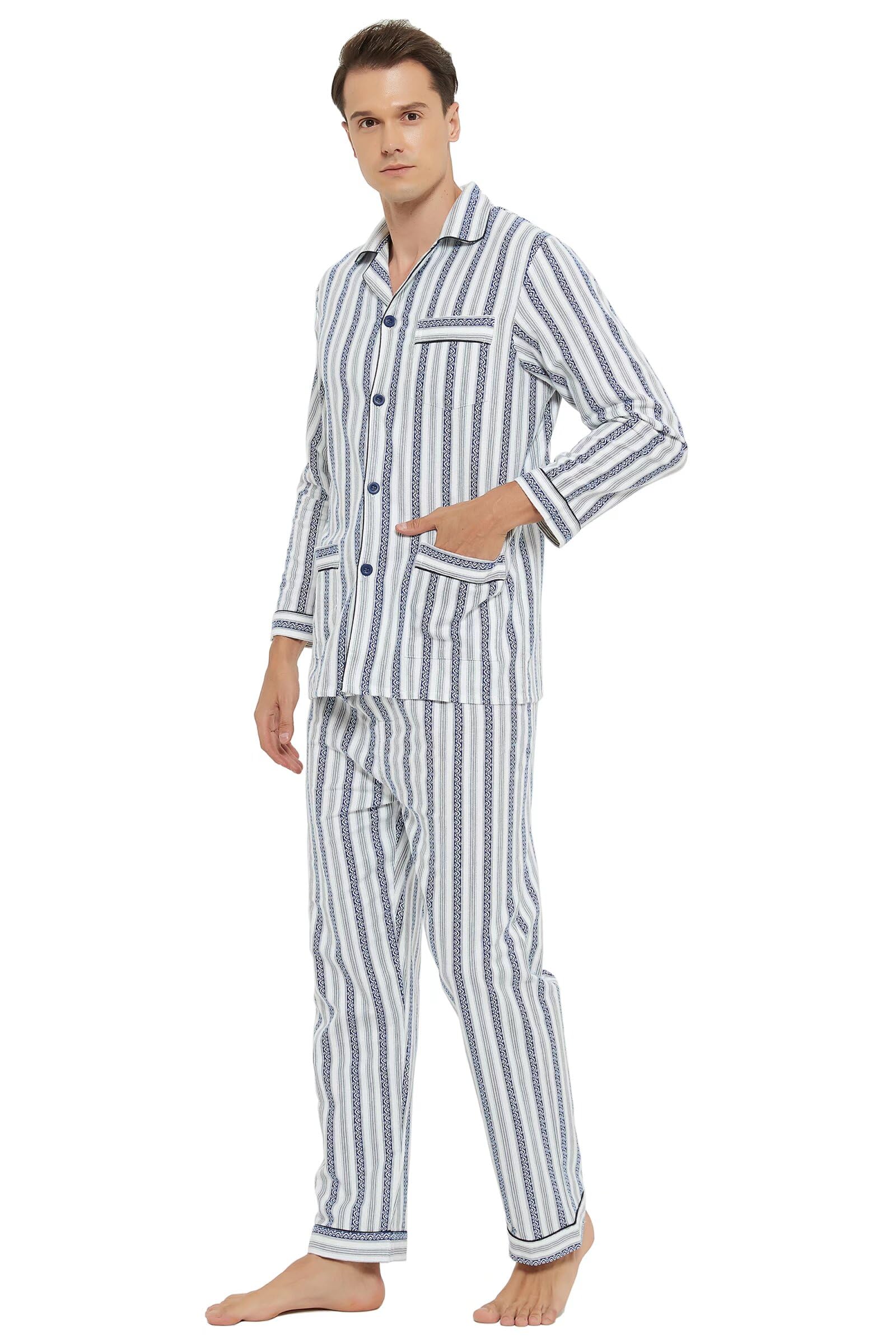 GLOBAL Pigiama Uomo Flanella Cotone Lungo Pantaloni Vita Elasticizzata Coulisse Bottoni Invernale Abbigliamento da Notte Confortevole