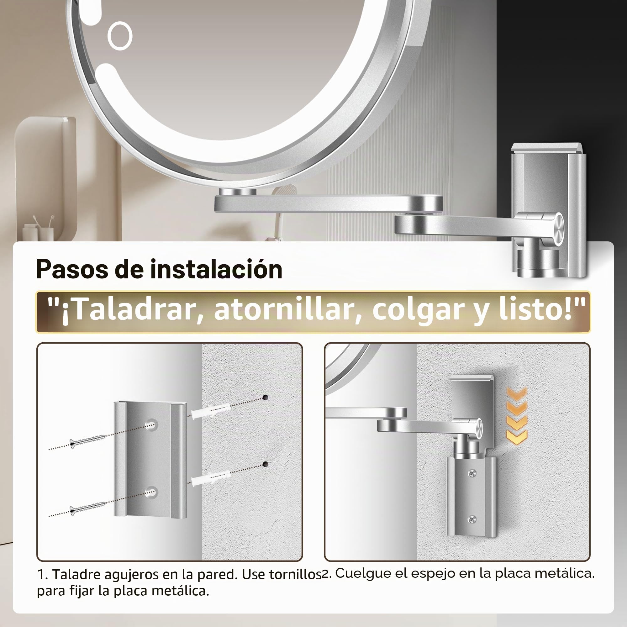 MOMOKUBA Espejo de maquillaje montado en la pared, espejo de aumento de aleación de aluminio con luz 20X/1X de doble cara, altura ajustable, espejo de tocador LED de 3 colores con luces, resistente a