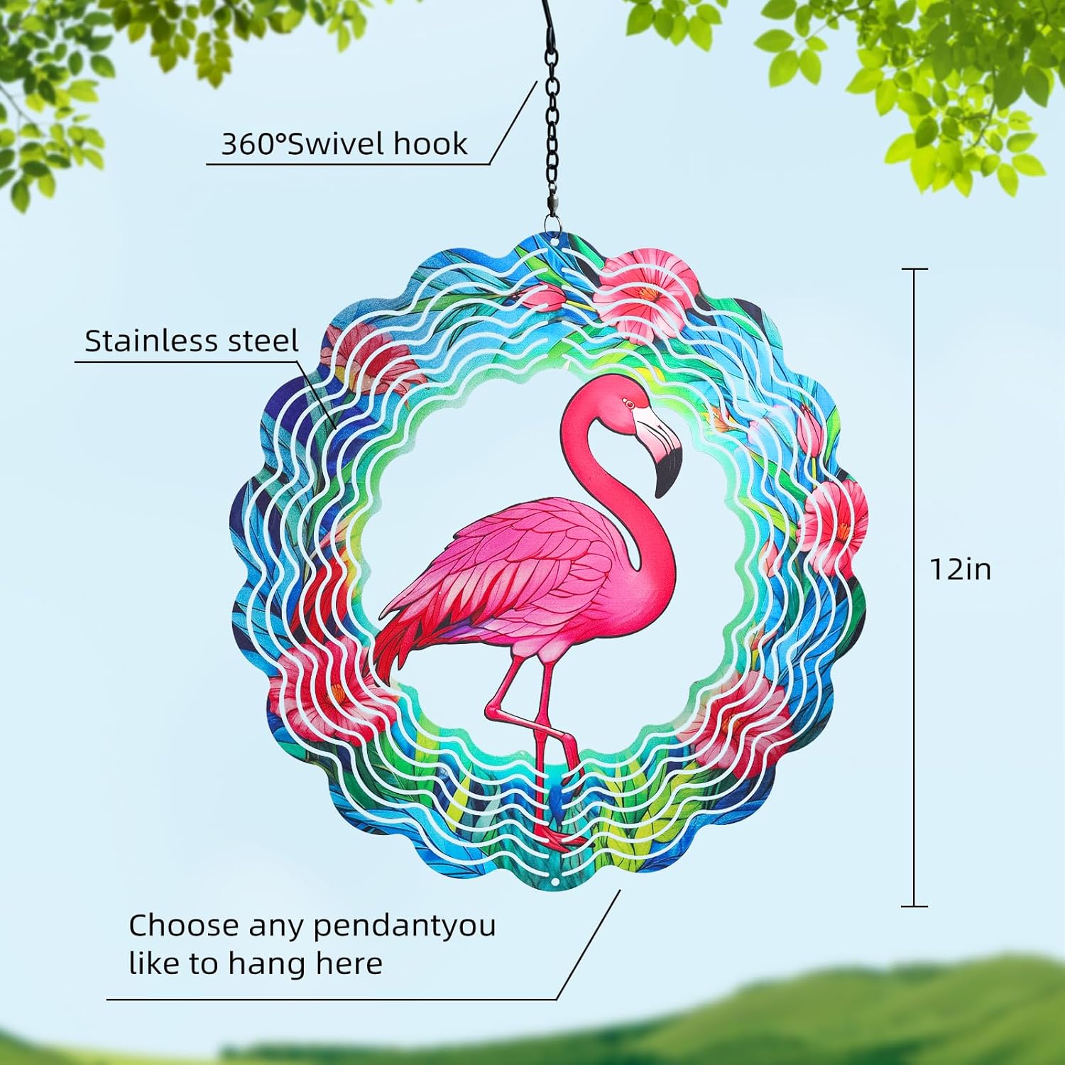 Flamingo Wind Spinners 12 Inch 3D Stainless Steel Hanging Kinetic Wind Sculpture Worth Gifts for Women Metal Windmill Decoration for Spring Garden,Patio,Lawn,Yard