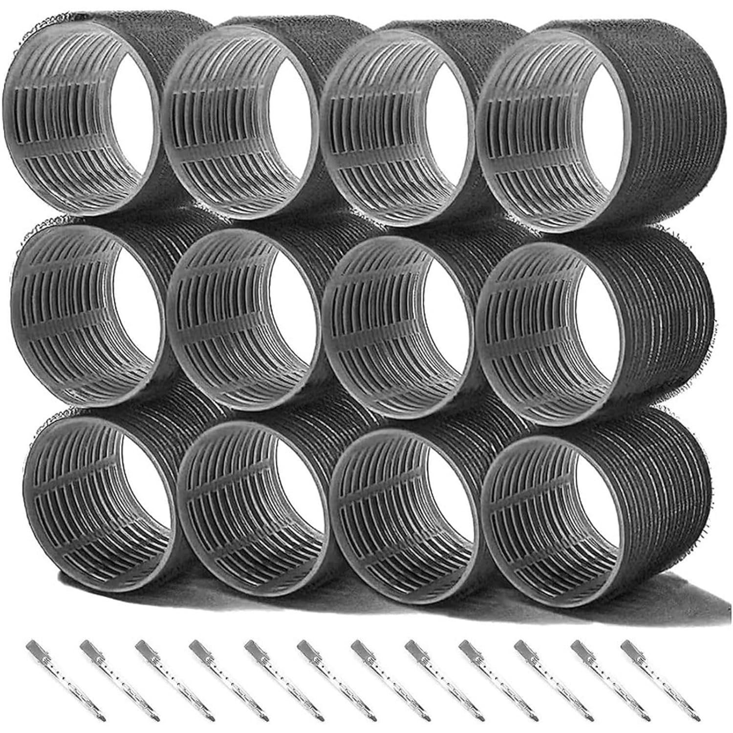 Hair Rollers for Blowout Look Long Hair Hair Rollers Set 12 Self-Grip 64MM Duckbill Clips - Ideal Salon & DIY Hairdressing Tools for All Lengths(Black)