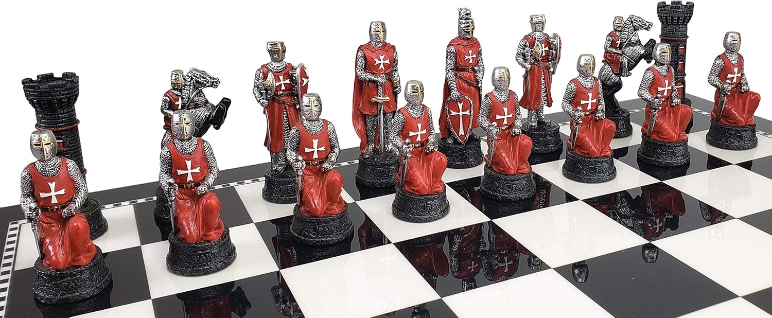Medieval Times Crusades Red and White Maltese Knights Chess Set with 17 inch Black and White Storage Board