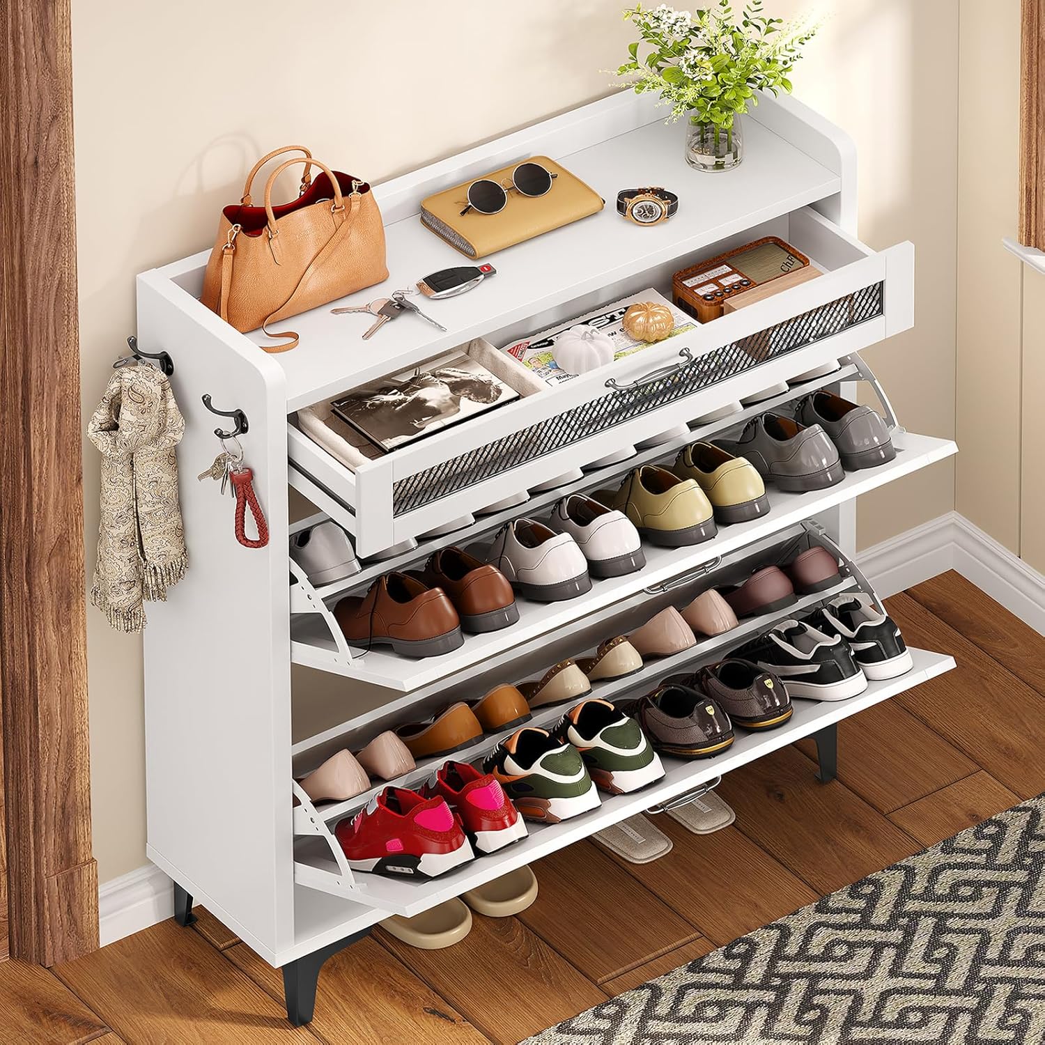 TEENFON Shoe Cabinet with 2 Flip Drawers & Top Drawer, Farmhouse Narrow Shoe Storage Cabinet with Adjustable Shelves & Hooks, Freestanding Hidden Slim Shoe Rack Cabinet for Entryway, Hallway, White