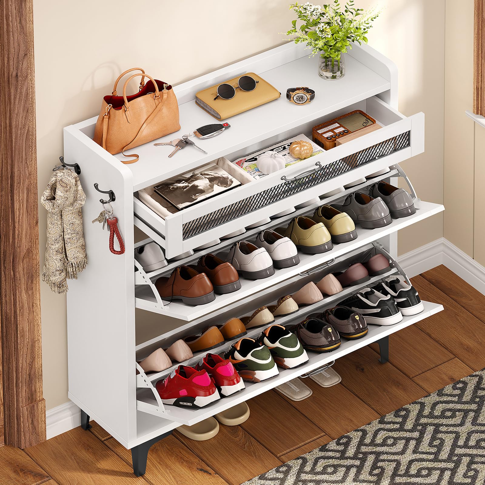 TEENFON Shoe Cabinet with 2 Flip Drawers &amp; Top Drawer, Farmhouse Narrow Shoe Storage Cabinet with Adjustable Shelves &amp; Hooks, Freestanding Hidden Slim Shoe Rack Cabinet for Entryway, Hallway, White
