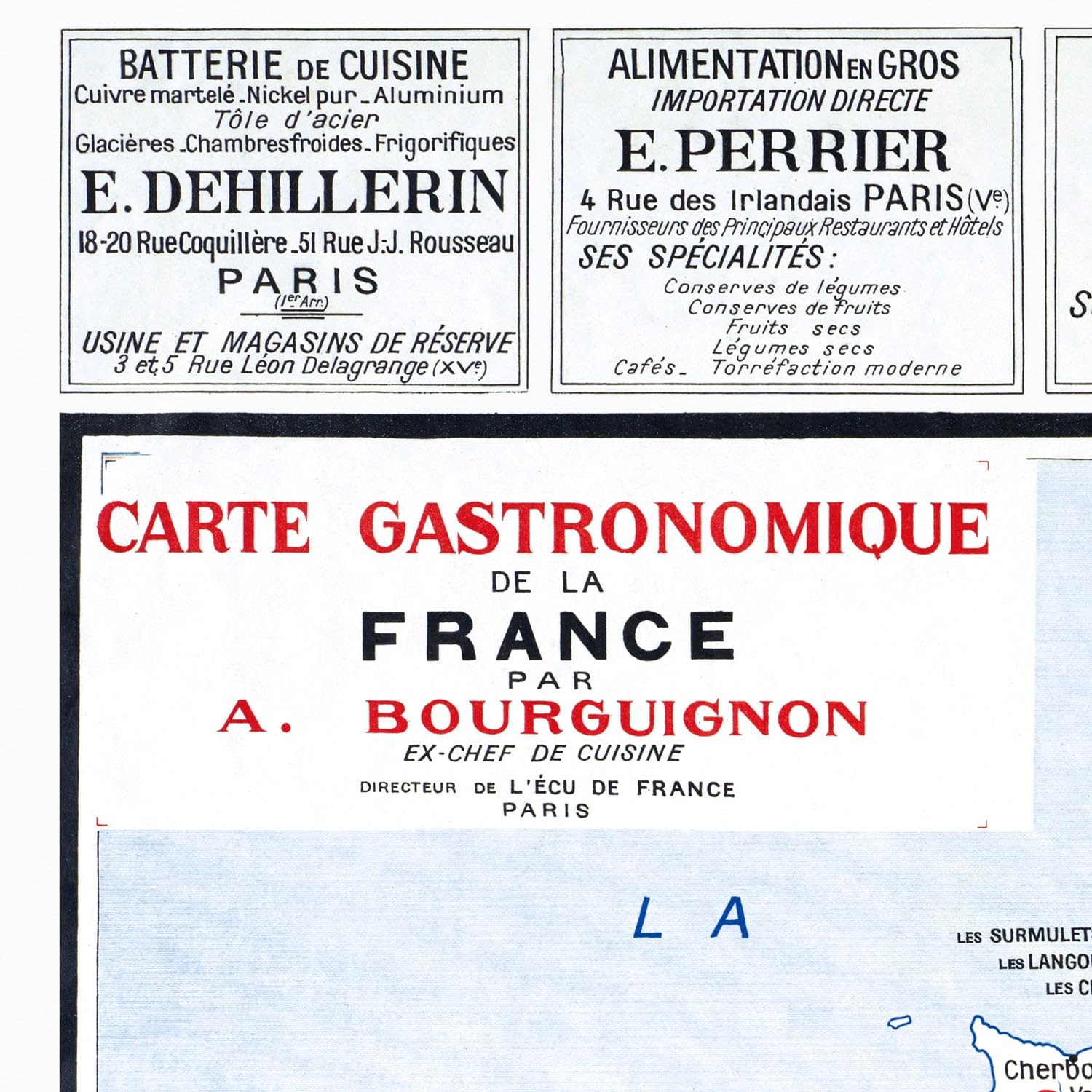 VIRTUAVIA Carta GASTRONOMICA della Francia, 100 x 120 cm (riproduzione vecchia carta) - Telone 340 g/m²