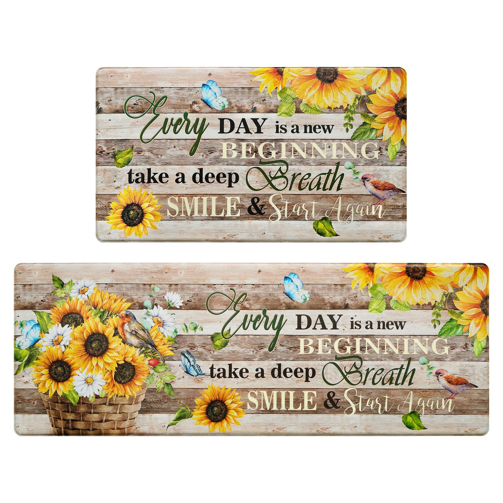 Likiyol Sunflower Kitchen Rugs Set of 2 Farmhouse Kitchen Mats for Floor Anti Fatigue Mats for Kitchen Floor, Butterfly Floral Kitchen Rugs Non Slip Washable Kitchen Floor Mats, 18''x 30''+18''x 48''