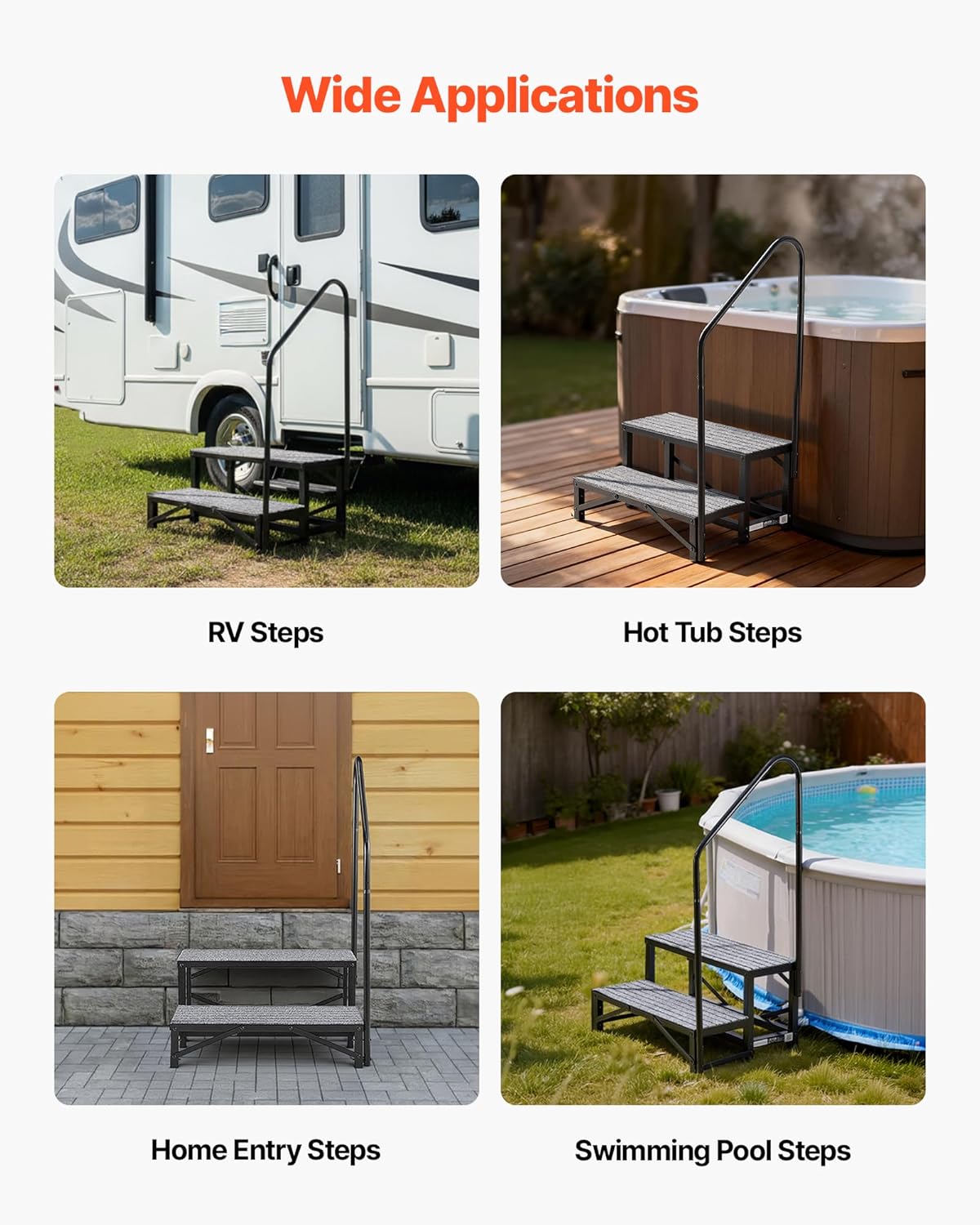 VEVOR RV Steps with Handrail, 2 Steps, 660 lbs Load Capacity, Heavy Duty Outdoor RV Stairs with Non-Slip Mat for Elderly and Pets, Portable Stairs for Hot Tub, Camper, Mobile Home, Porch, Pool, SPA