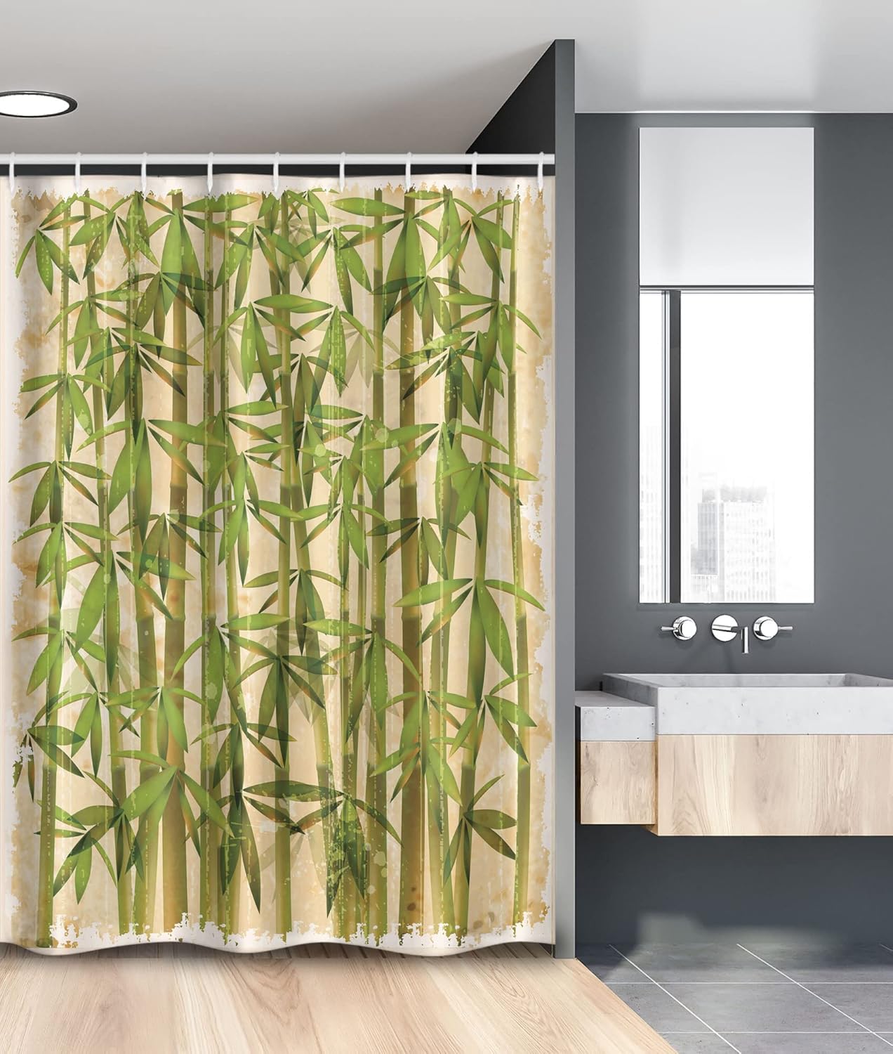 Ambesonne Asian Themed Stall Shower Curtain, Modern Illustration Japanese Woodland Reeds on a Vintage Background Art, Fabric Bathroom Decor Set with Hooks, 54" W x 78", Cream and Green