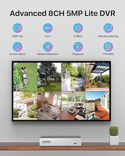 Miniatura 5 de ZOSI Sistema de cámara de seguridad para el hogar con audio, 5MP Lite 8 canales H.265+ CCTV DVR con disco duro de 1 TB, 8 cámaras de vigilancia para